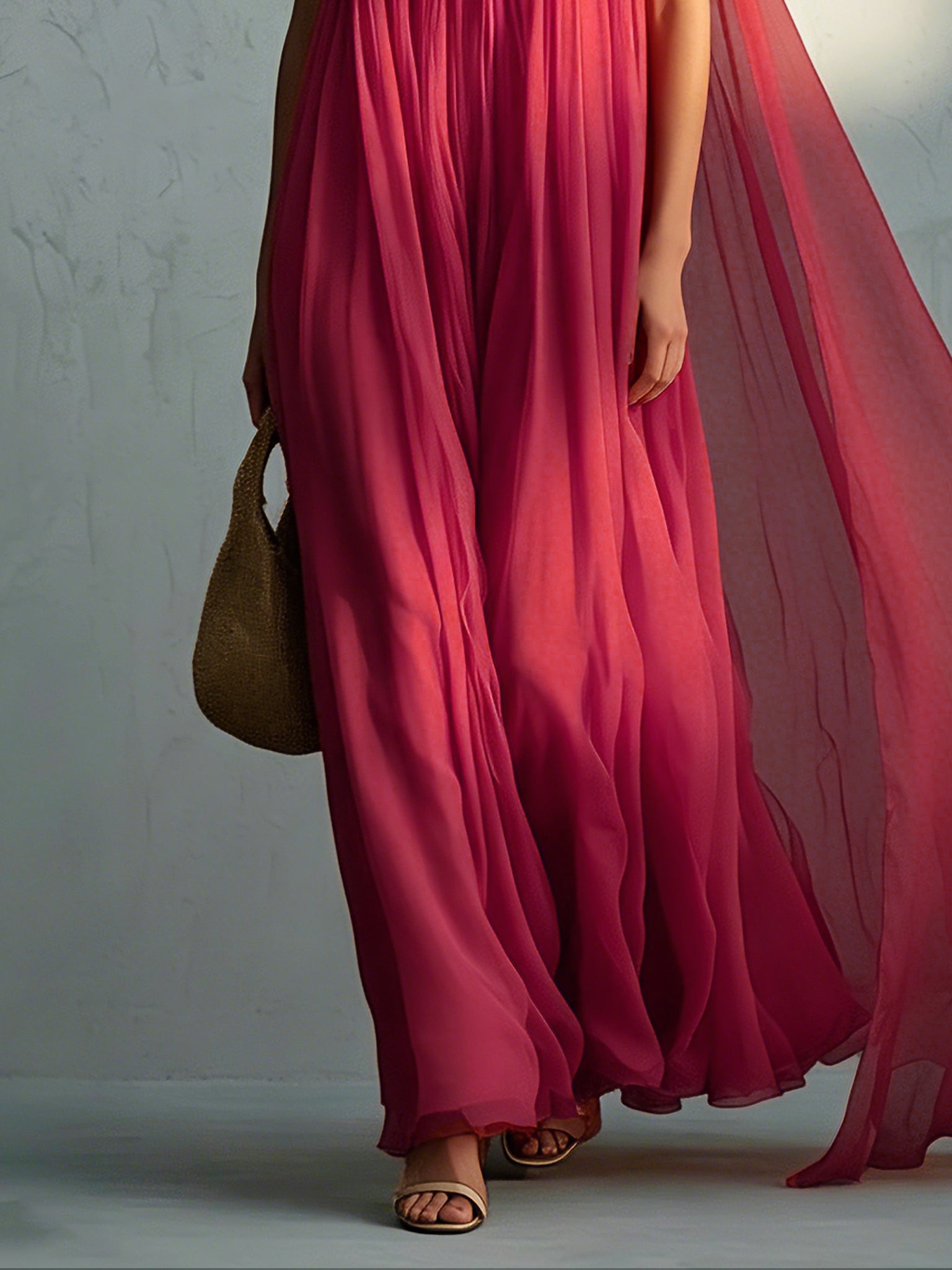 Fuchsia Sleeveless Chiffon Maxi Dress With 3D Floral