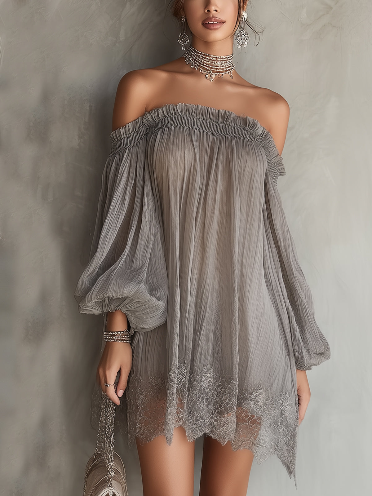 Gray Off-Shoulder Chiffon Mini Dress With Lace Hem