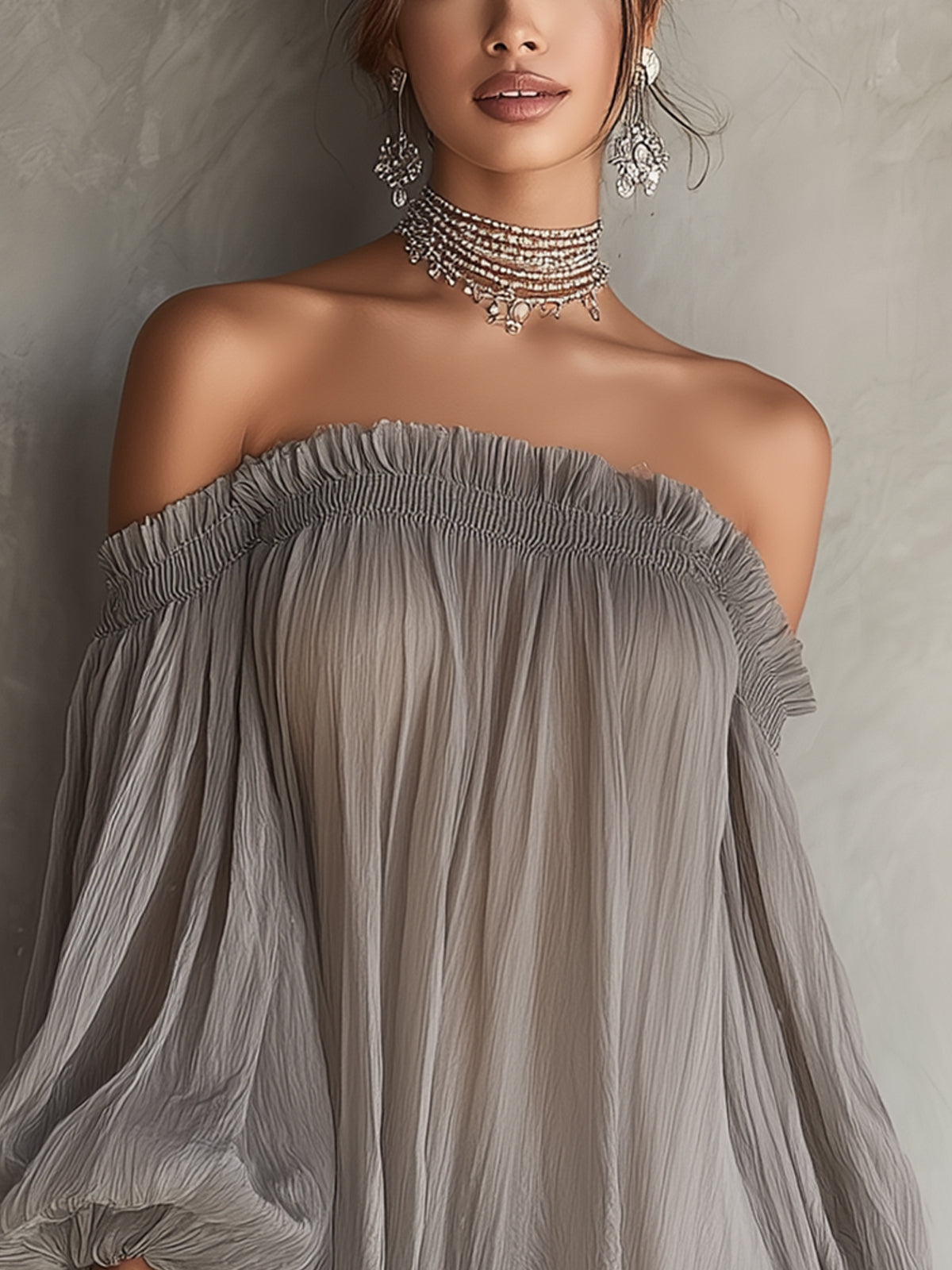 Gray Off-Shoulder Chiffon Mini Dress With Lace Hem