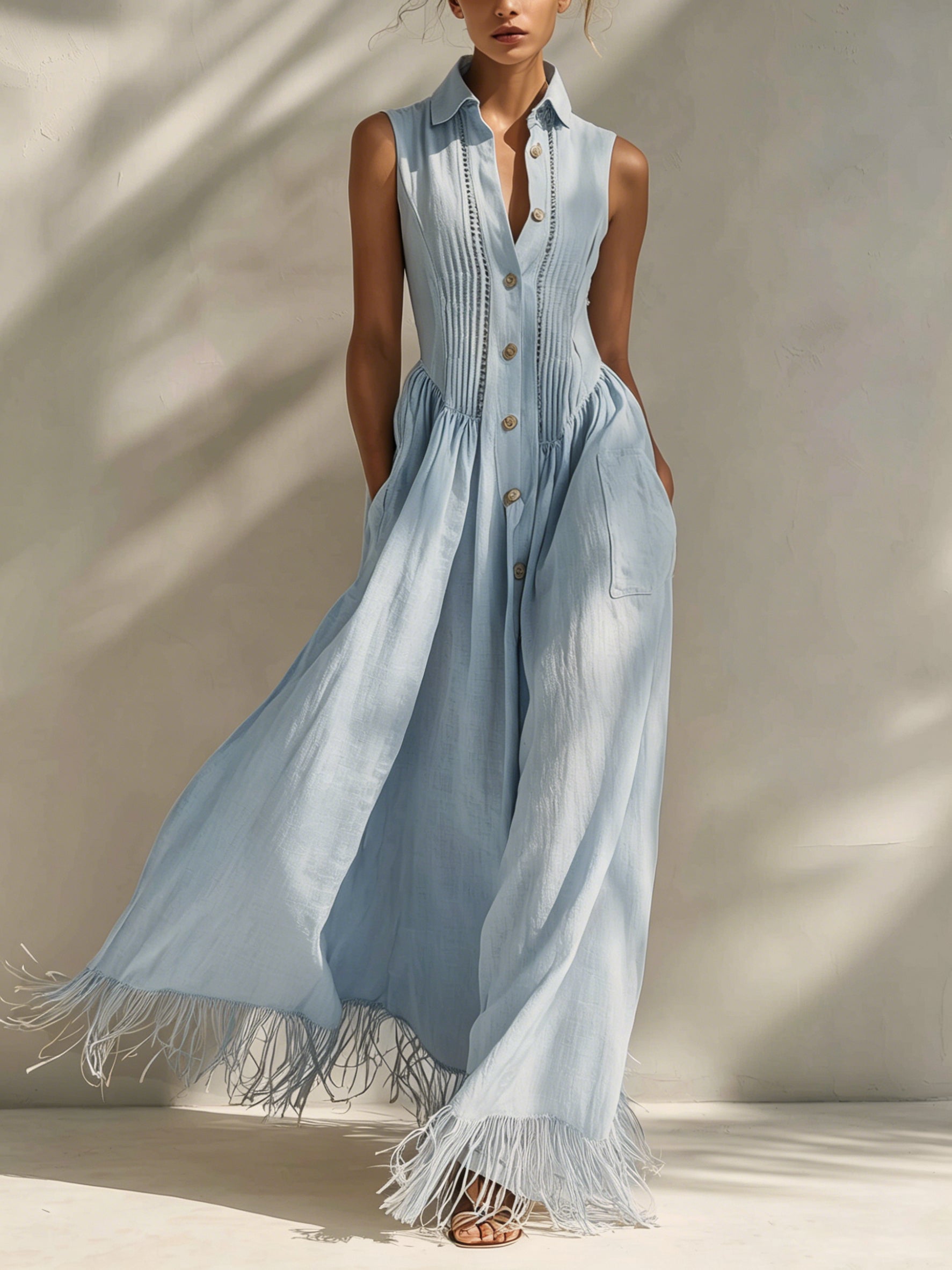 Sky Blue Linen Sleeveless Fringe Maxi Dress
