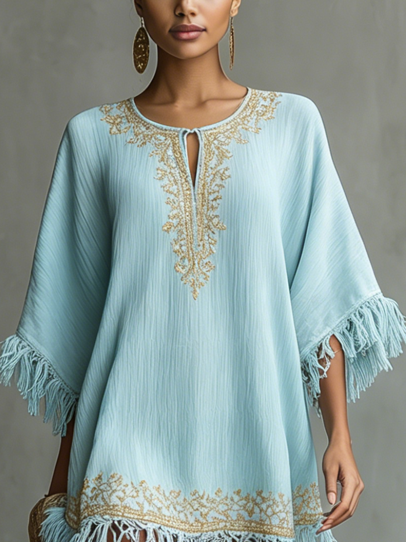 Vintage Embroidered Sky Blue Textured Fringe Mini Dress