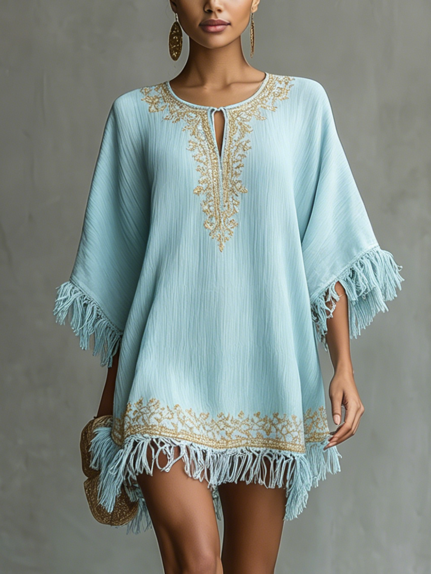 Vintage Embroidered Sky Blue Textured Fringe Mini Dress
