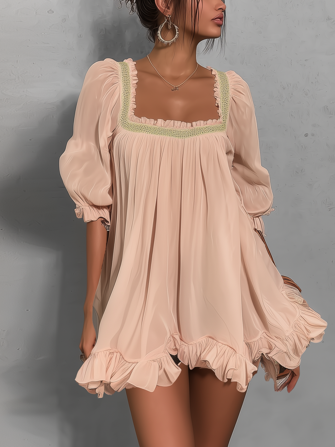 Pink Chiffon Ruffle Mini Dress With Light Green Rhinestone Trim