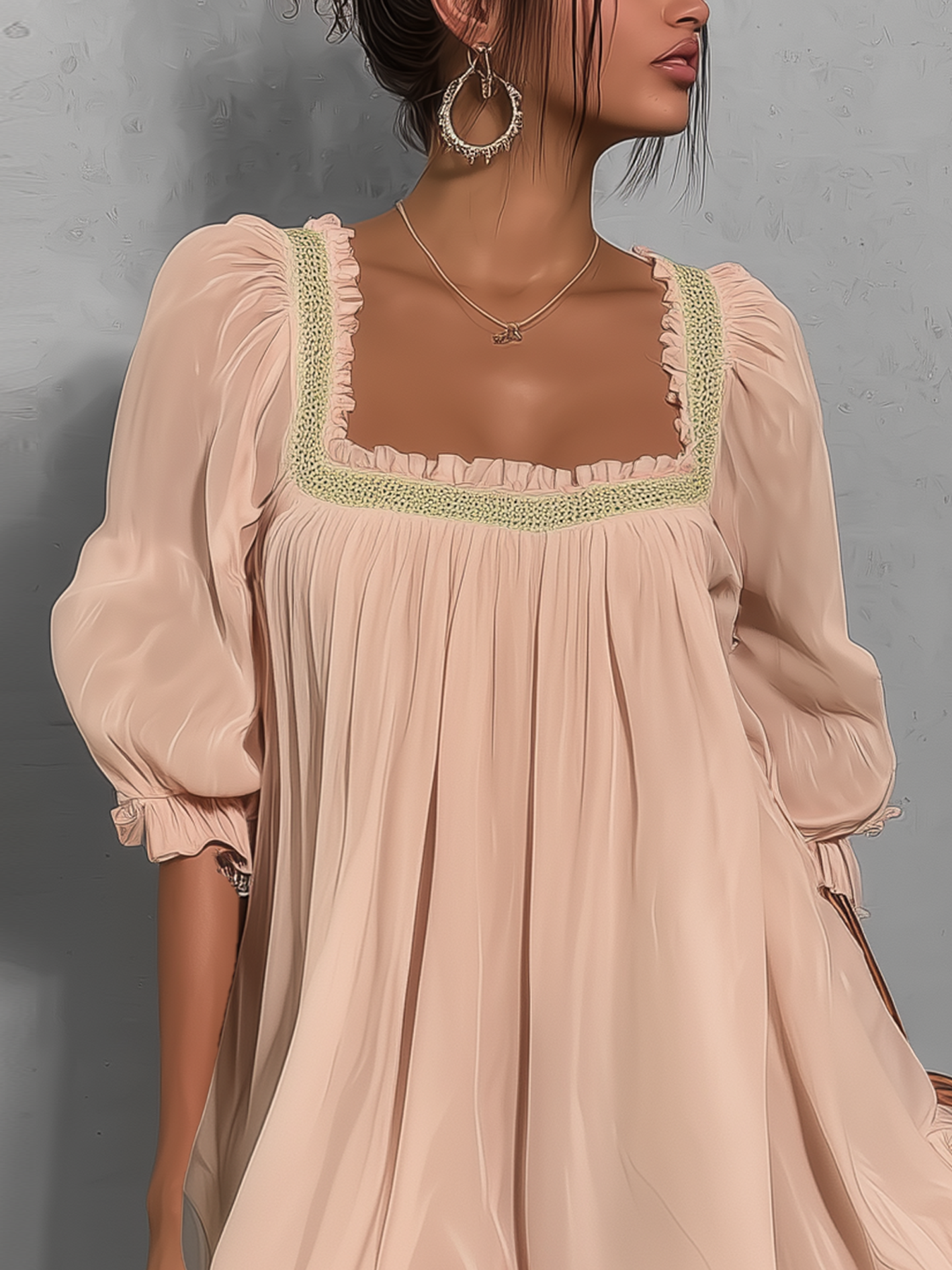 Pink Chiffon Ruffle Mini Dress With Light Green Rhinestone Trim