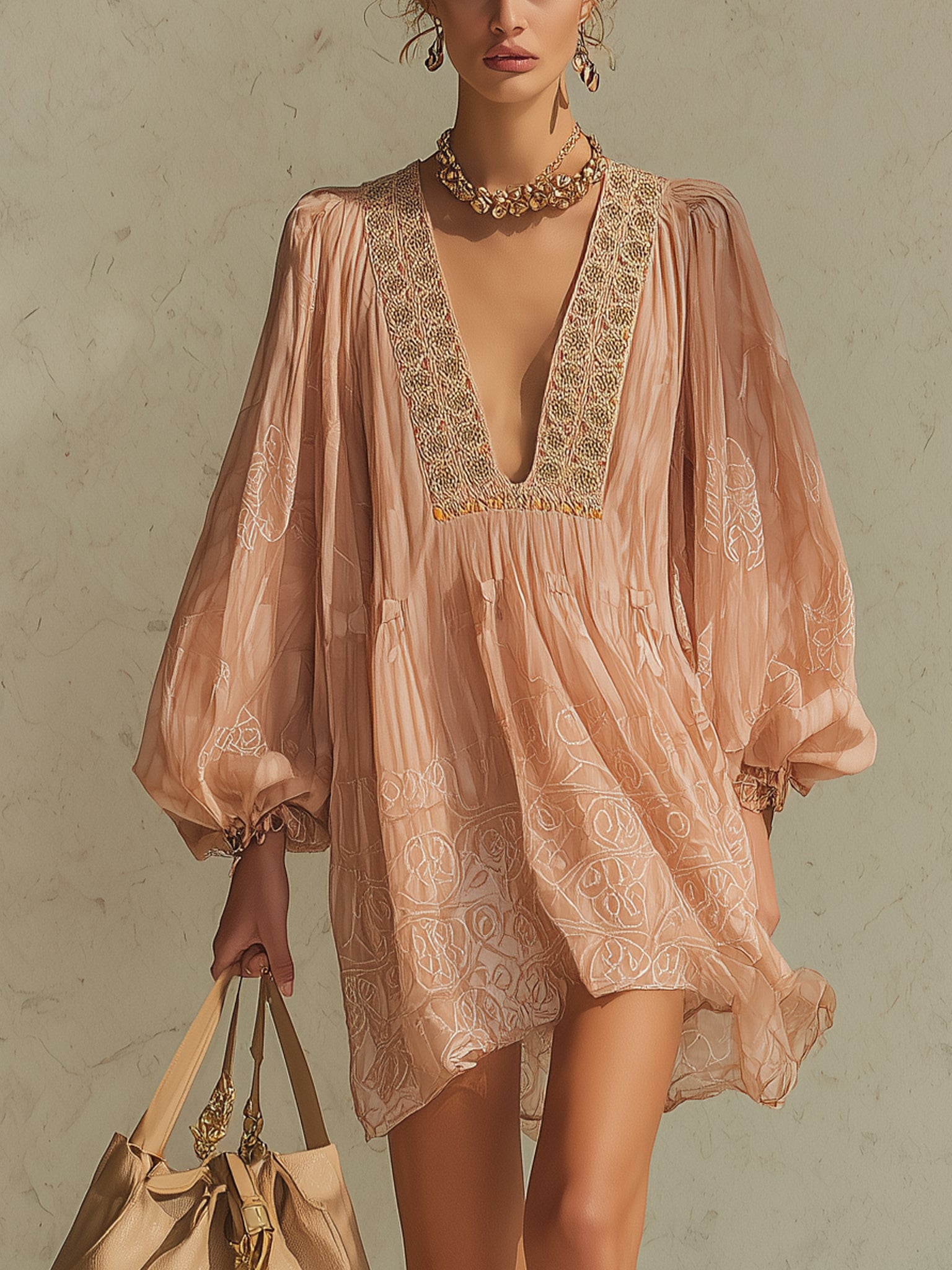 Pink Chiffon Floral Embroidered Mini Dress