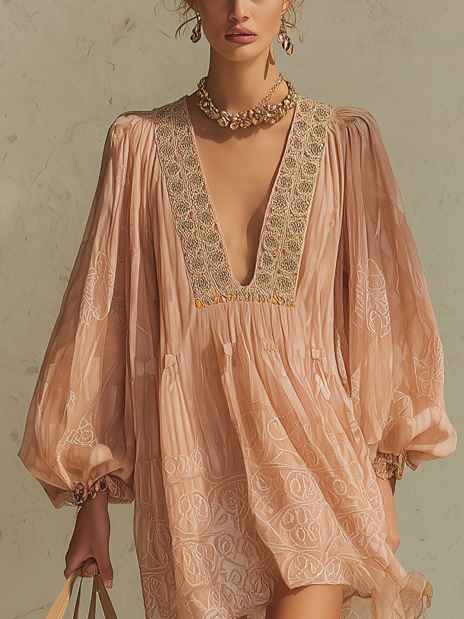Pink Chiffon Floral Embroidered Mini Dress