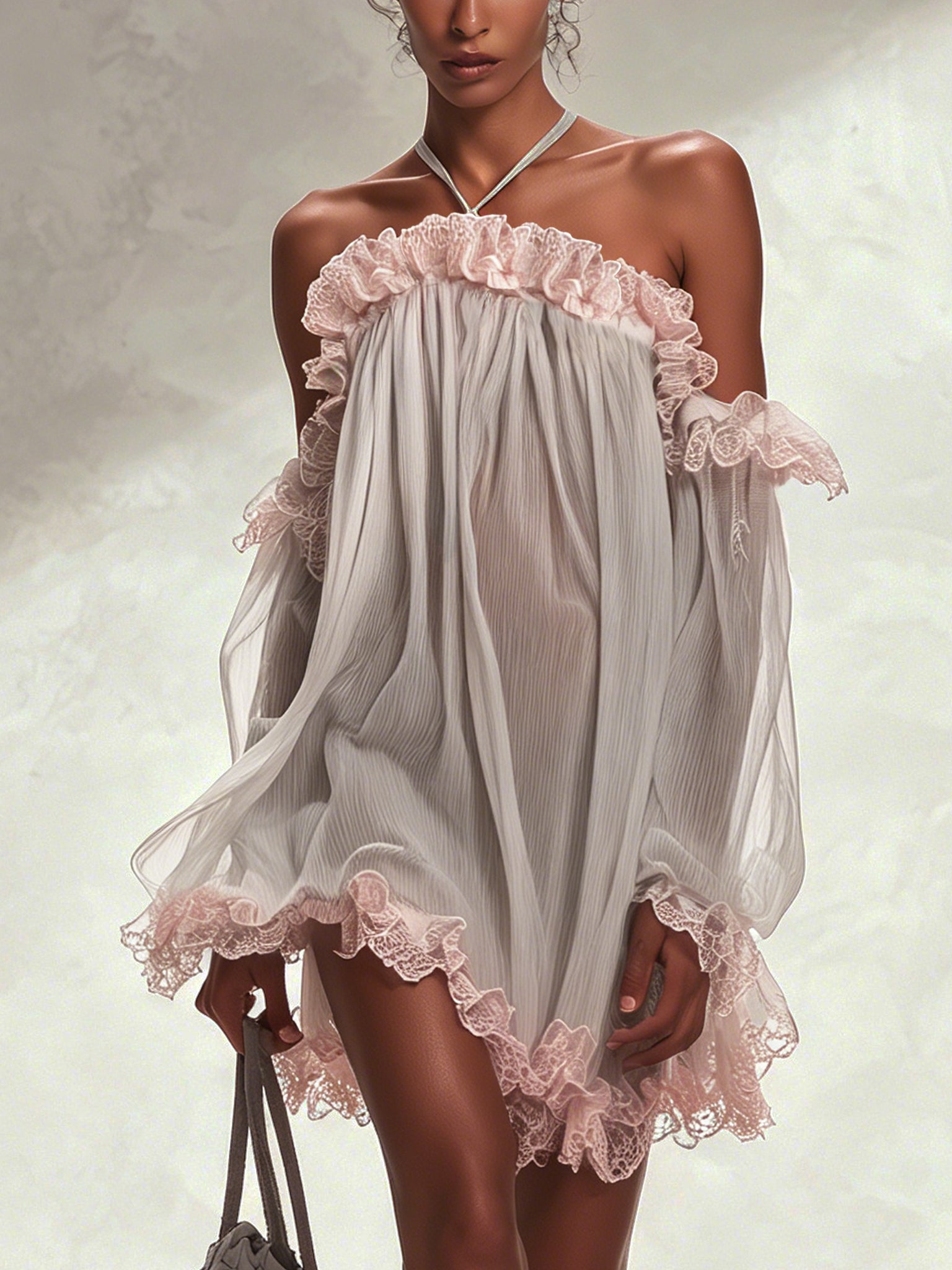 Light Gray Chiffon Mini Dress With Pink Lace Trim