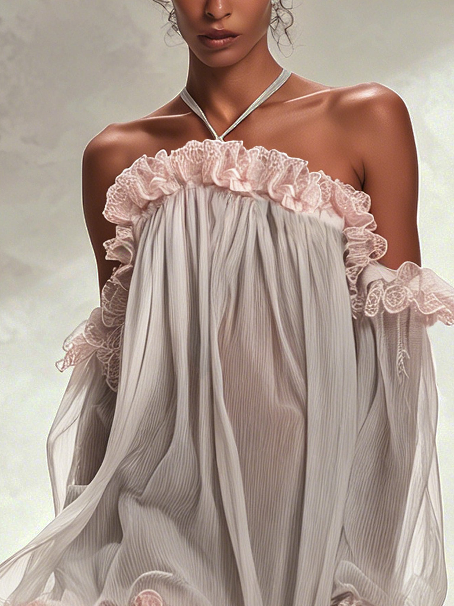 Light Gray Chiffon Mini Dress With Pink Lace Trim