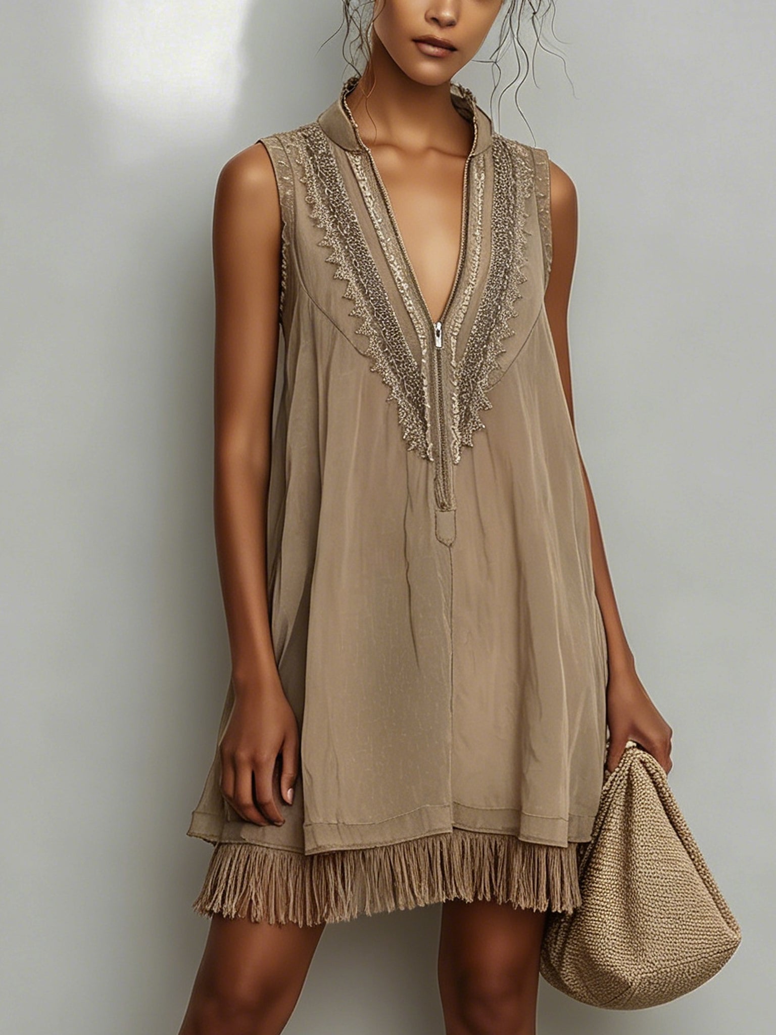 Light Khaki Chiffon Fringe Mini Dress
