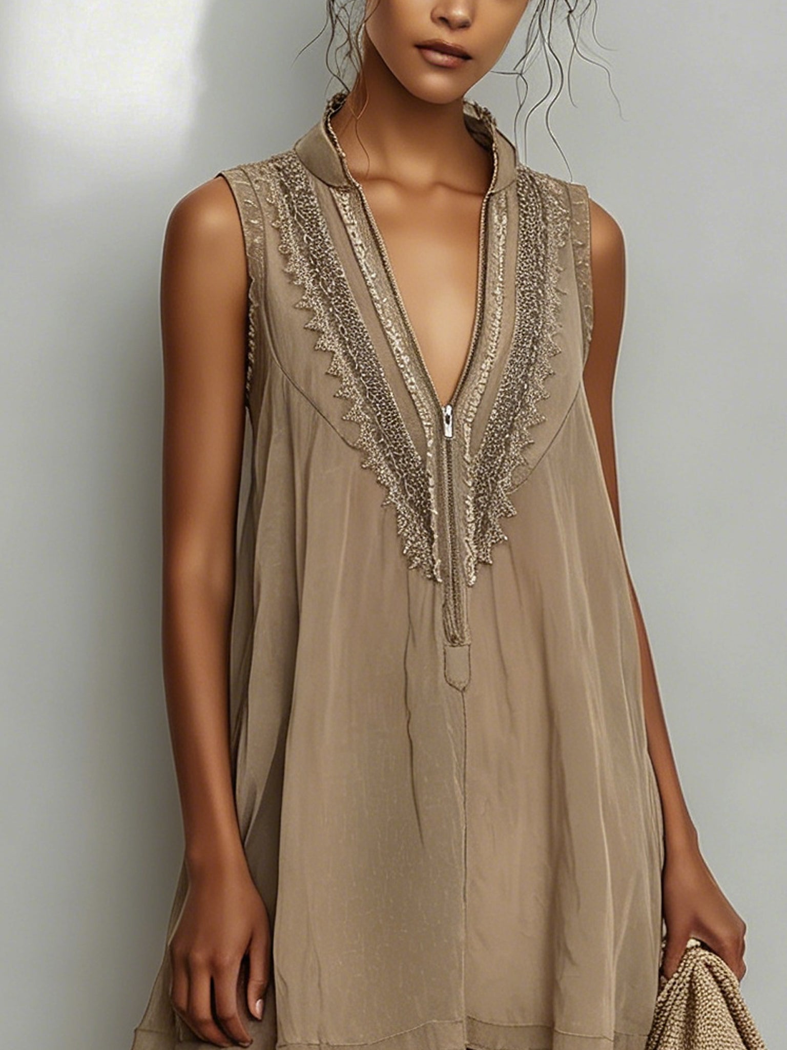Light Khaki Chiffon Fringe Mini Dress