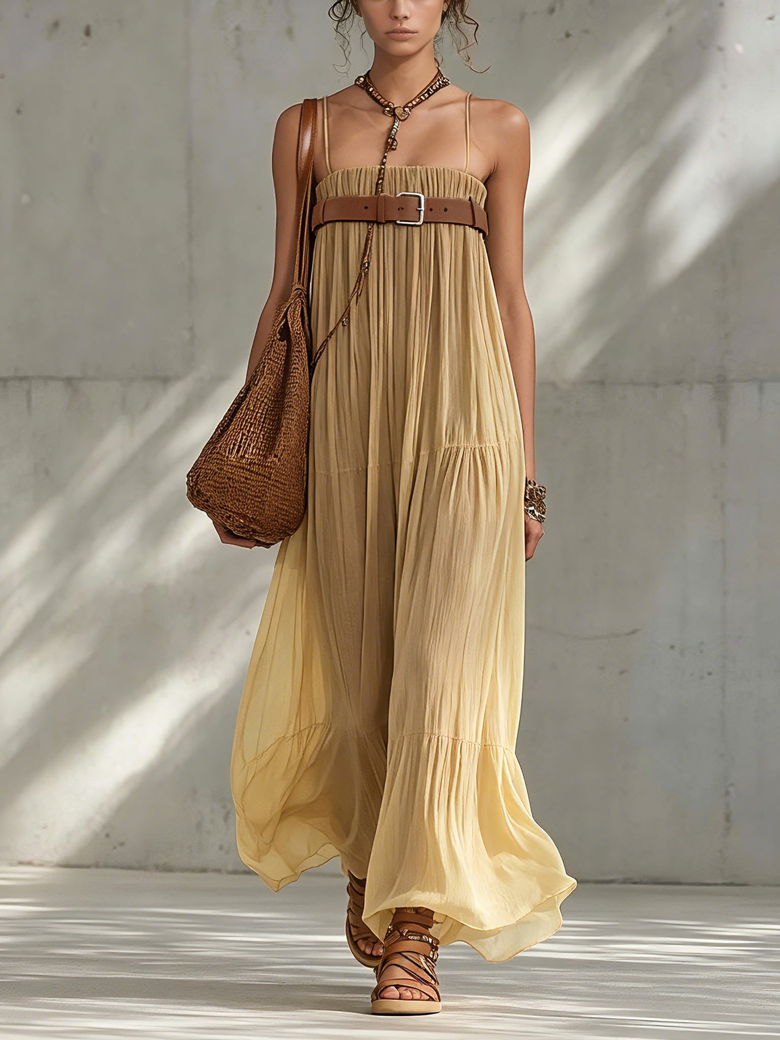 Yellow Chiffon Belted Maxi Dress