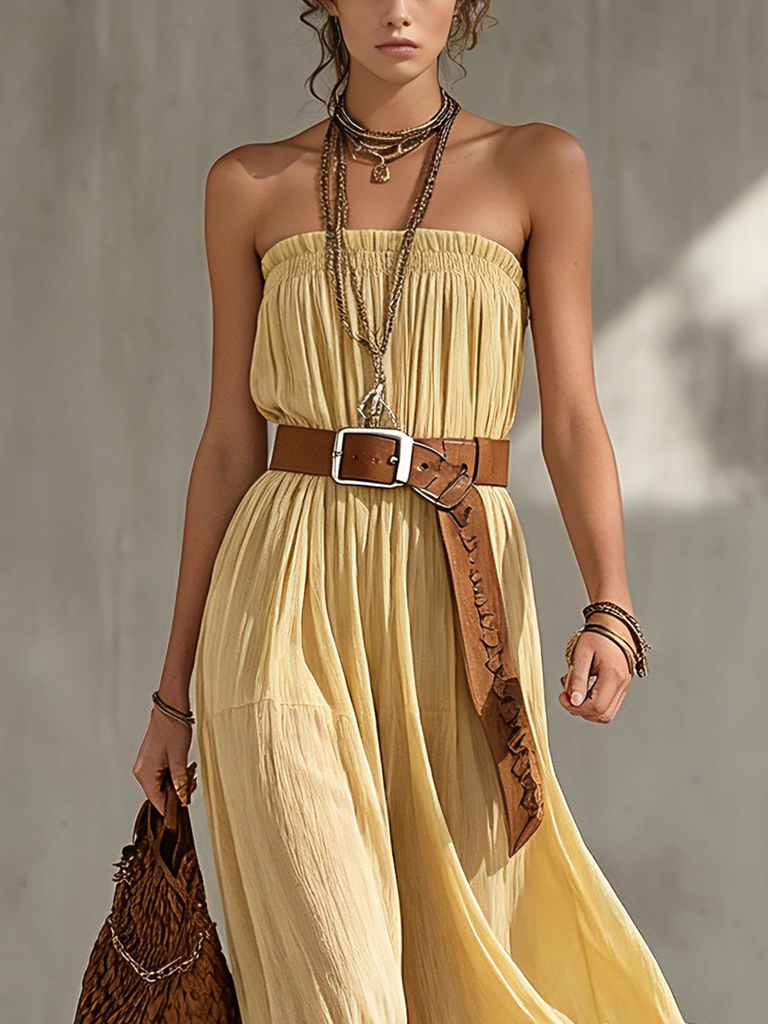 Yellow Strapless Chiffon Belted Maxi Dress