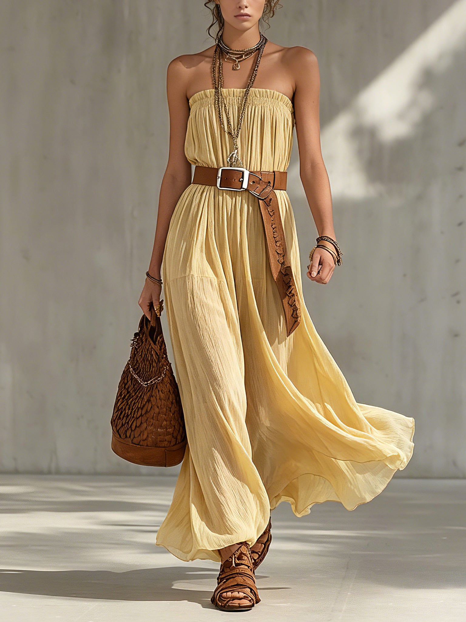 Yellow Strapless Chiffon Belted Maxi Dress