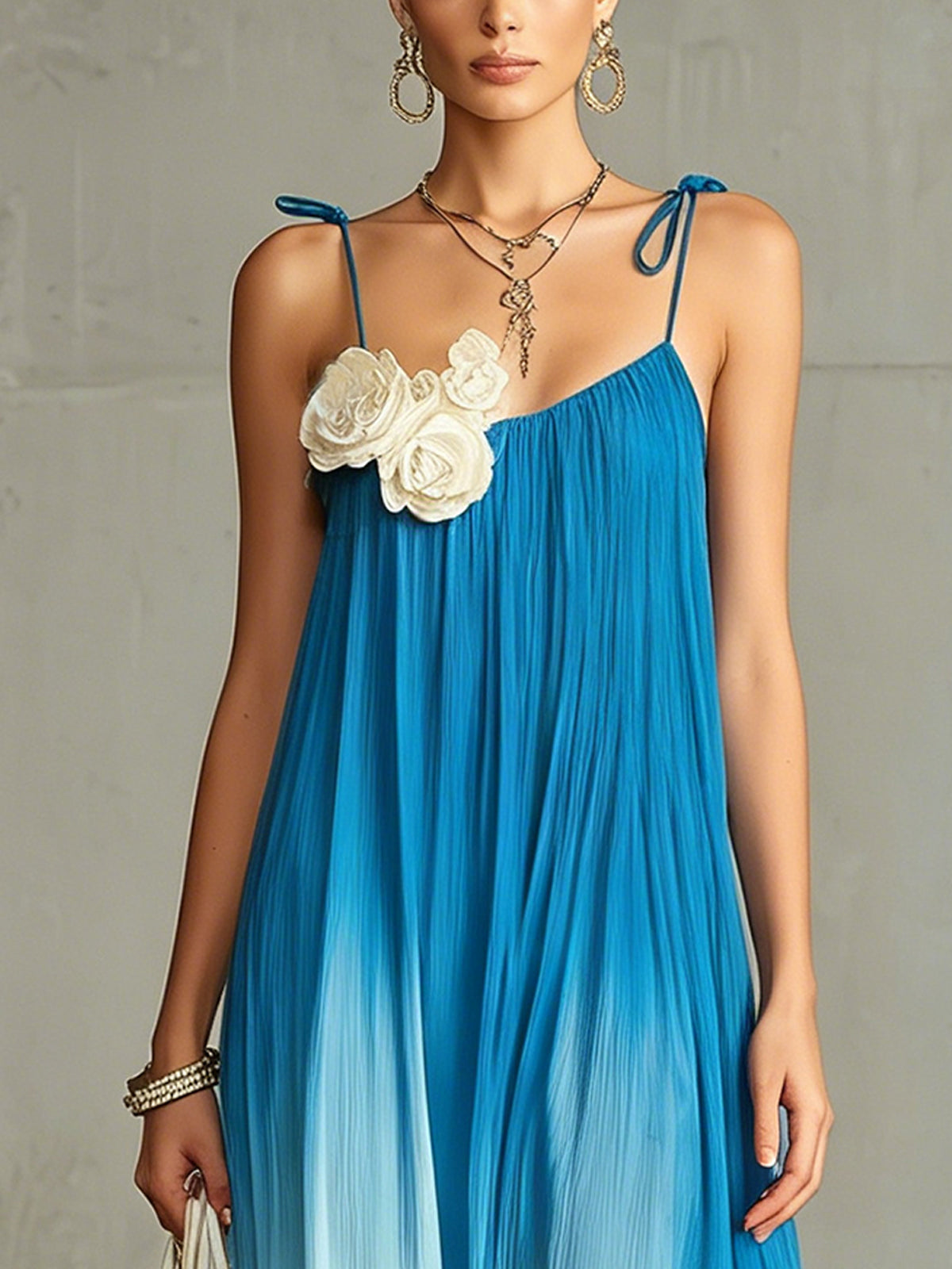 Blue Ombre Pleated Maxi Dress With Floral Appliqué
