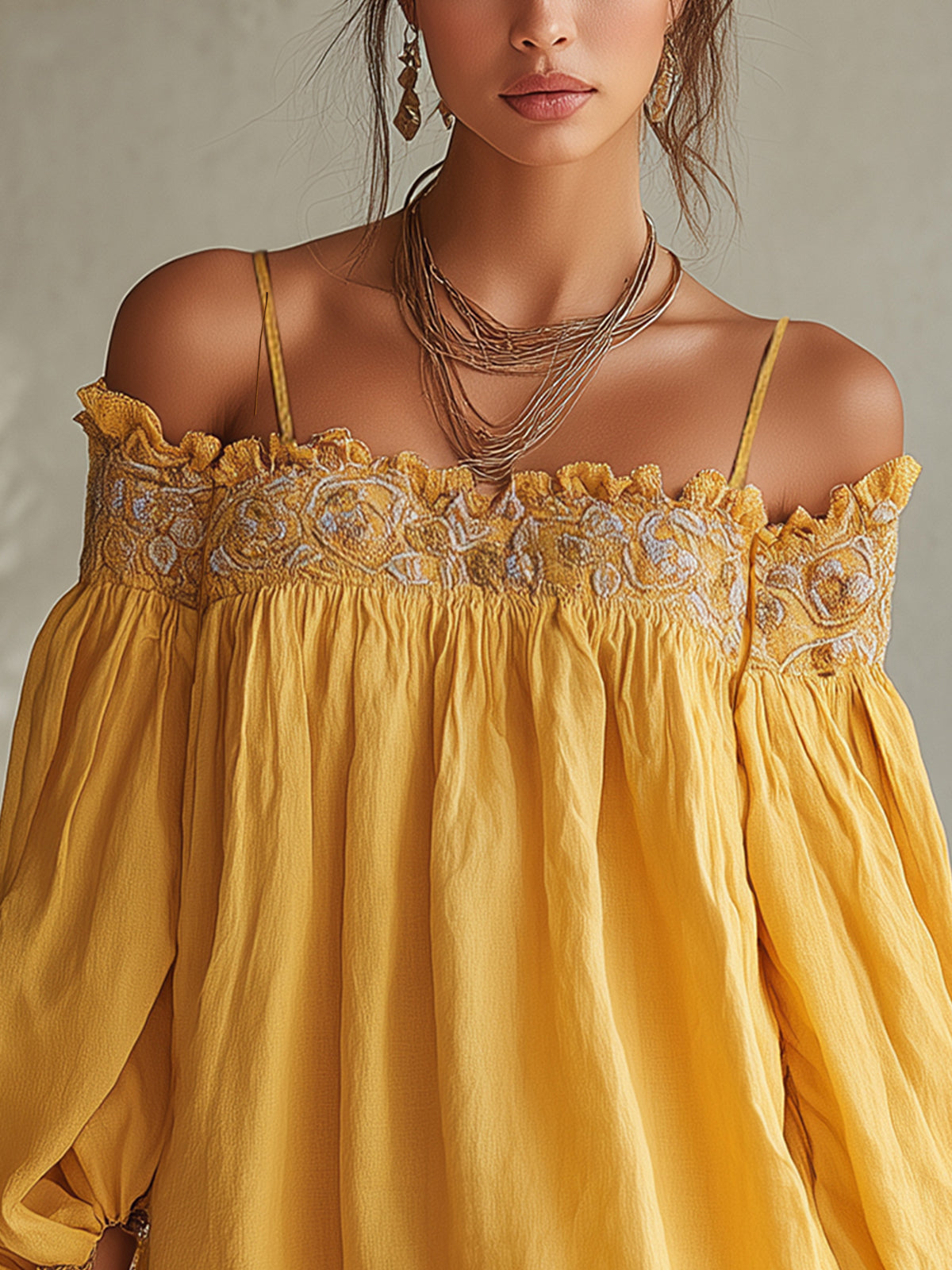 Yellow Off-Shoulder Mini Dress With Embroidered Bodice And Lace Hem