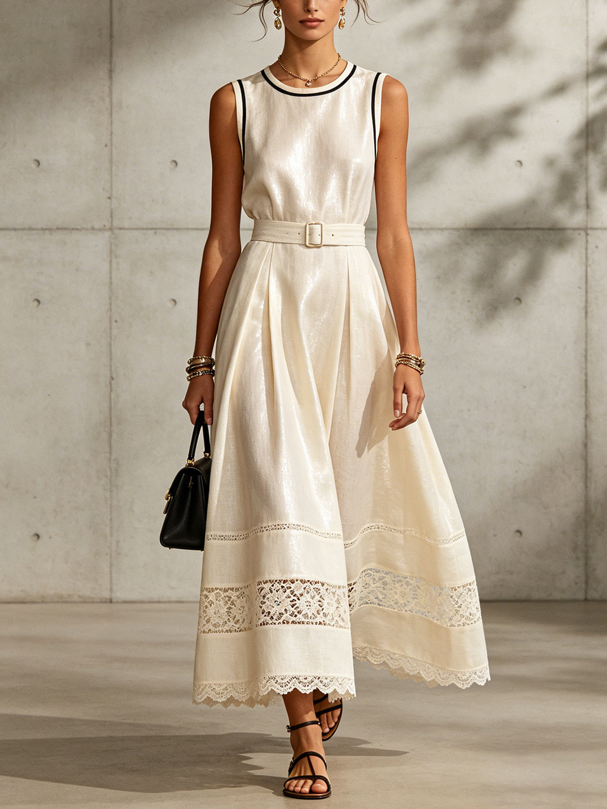 Ivory Sleeveless Belted Midi Dress With Lace Hem Detailing