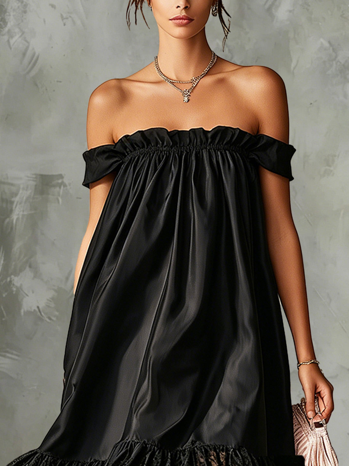 Black Off-Shoulder Satin Mini Dress With Lace Ruffle Hem