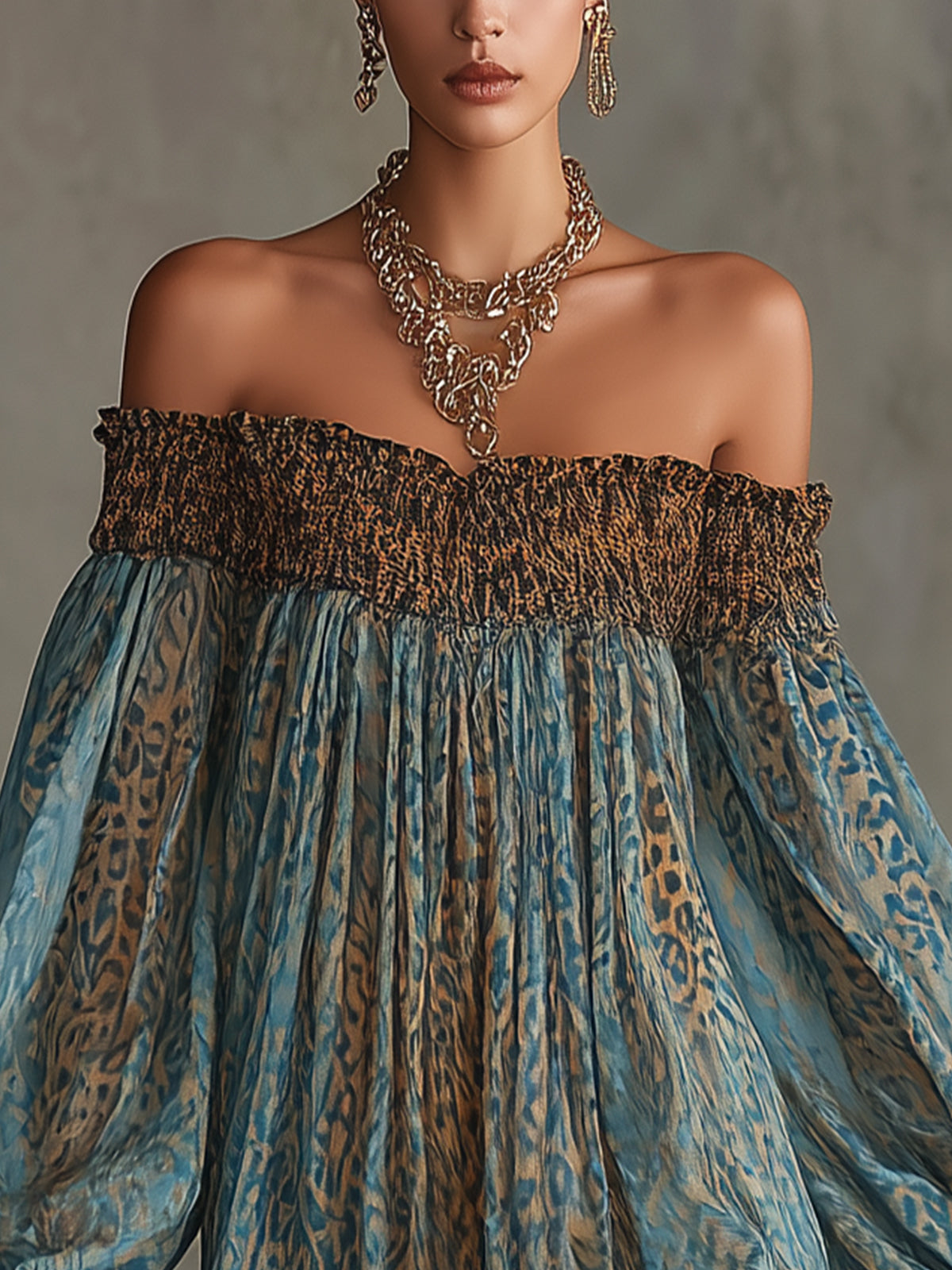 Blue Leopard Print Off-Shoulder Chiffon Mini Dress With Ruffled Hem