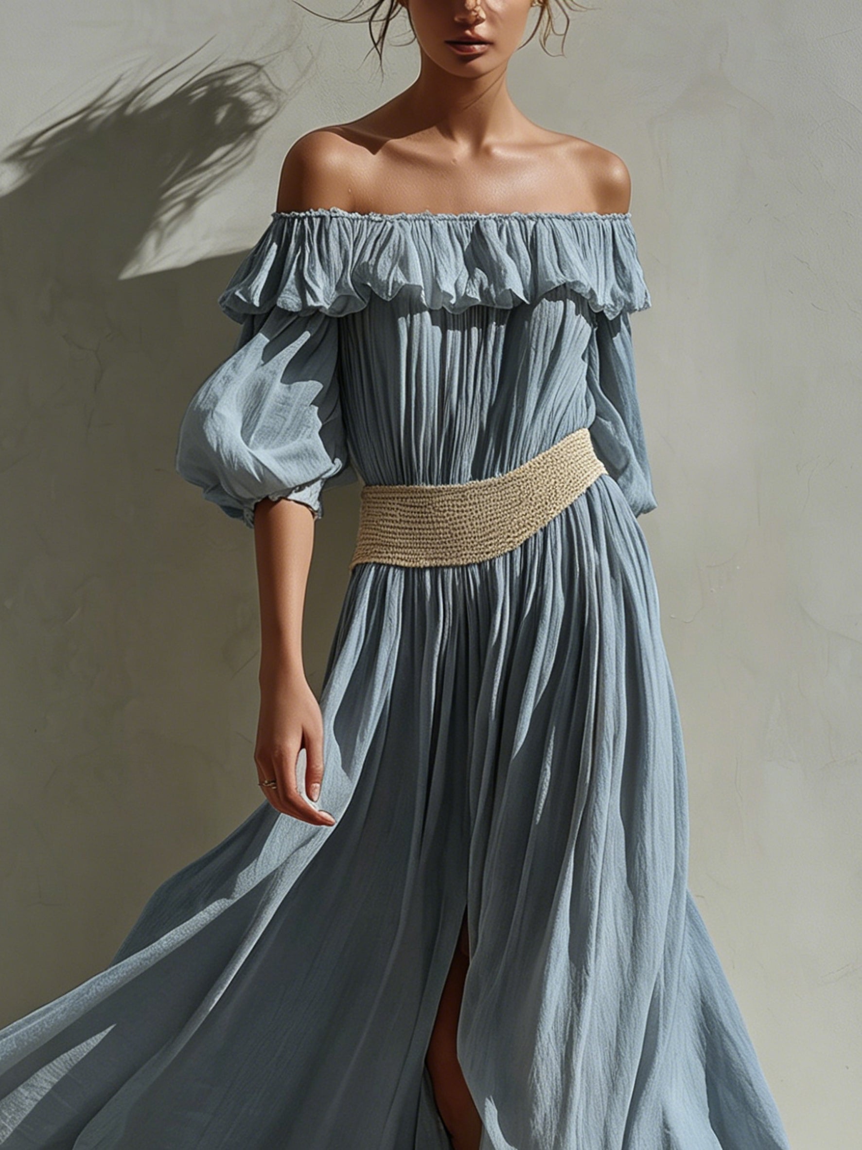 Blue Off Shoulder Cotton Blend Maxi Dress