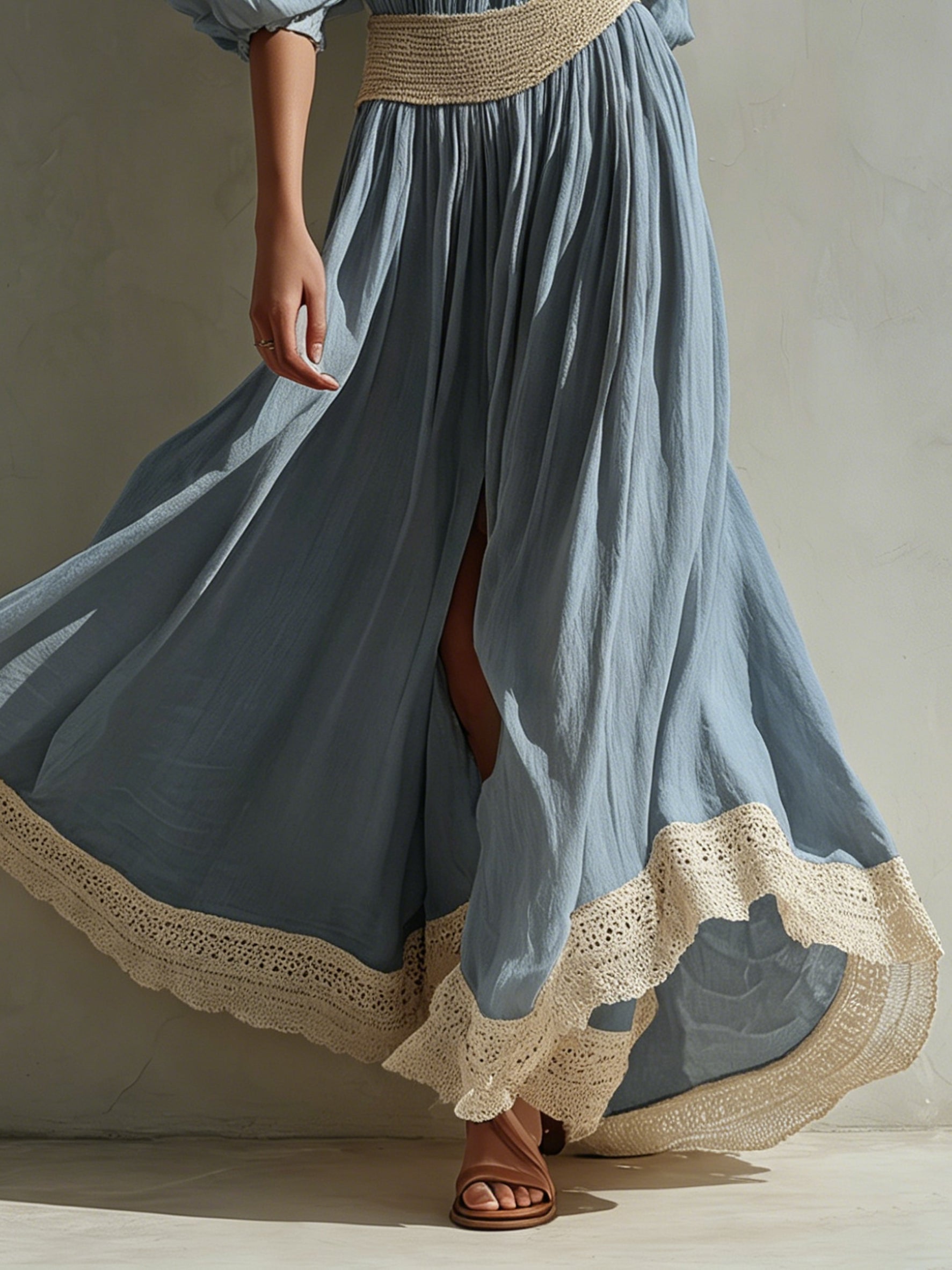 Blue Off Shoulder Cotton Blend Maxi Dress