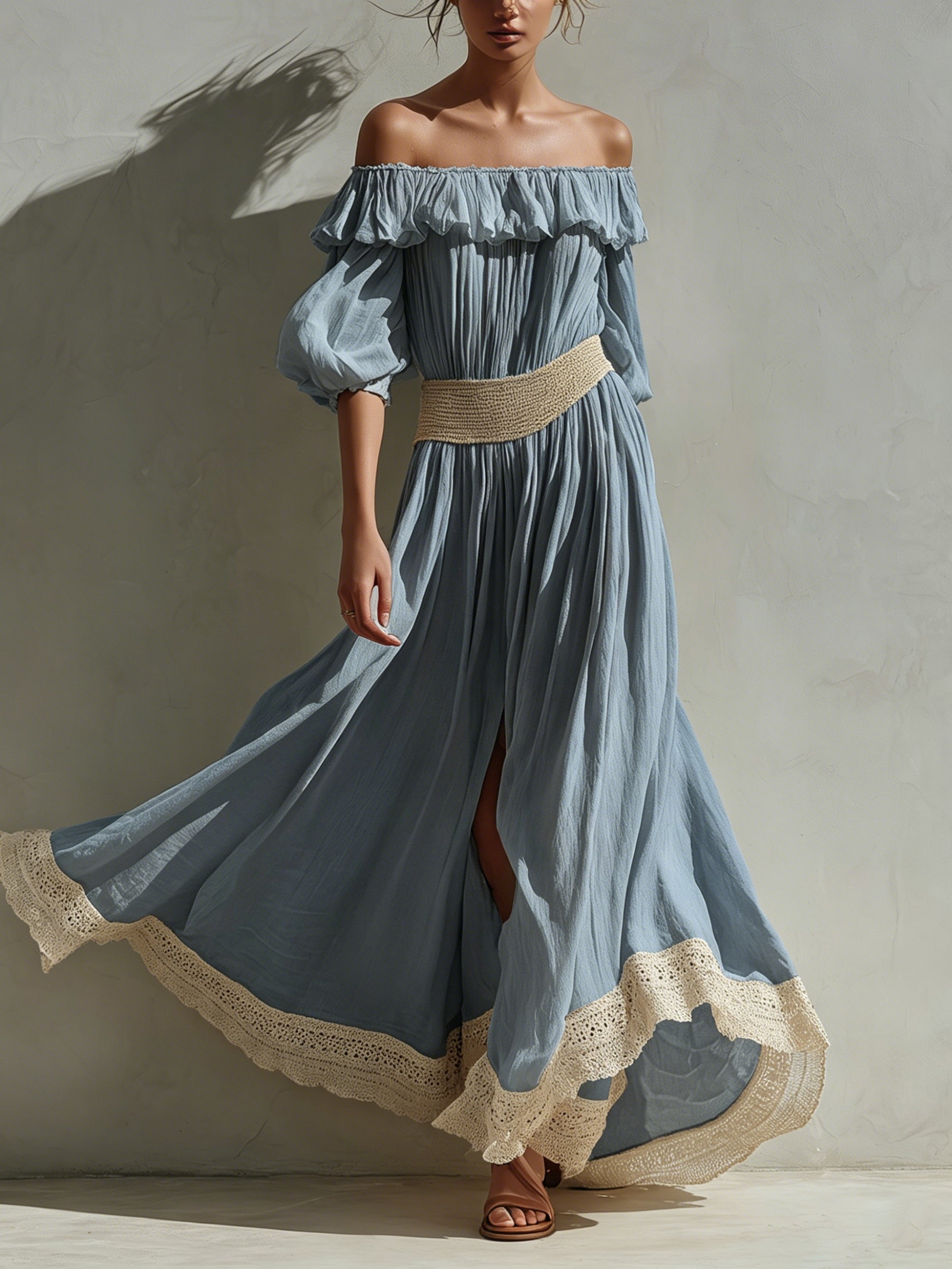 Blue Off Shoulder Cotton Blend Maxi Dress