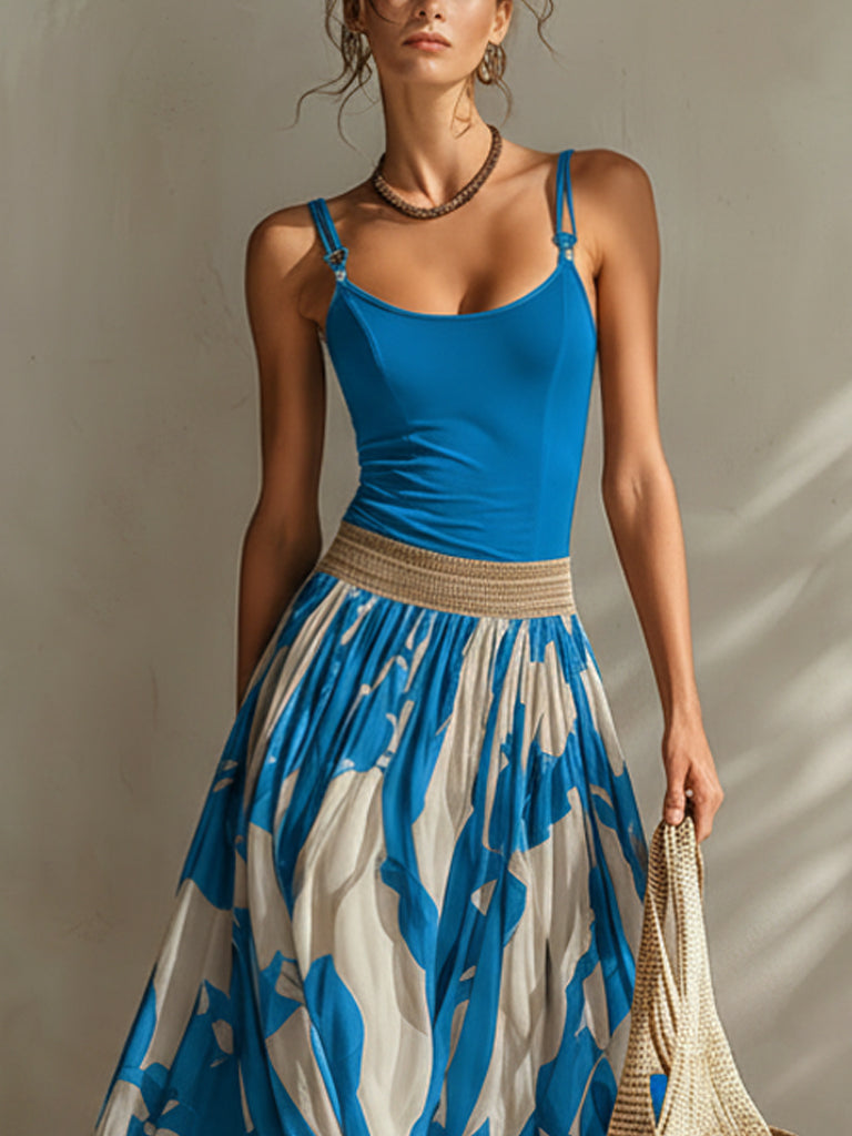 Blue Elastic Top And Printed Skirt Set