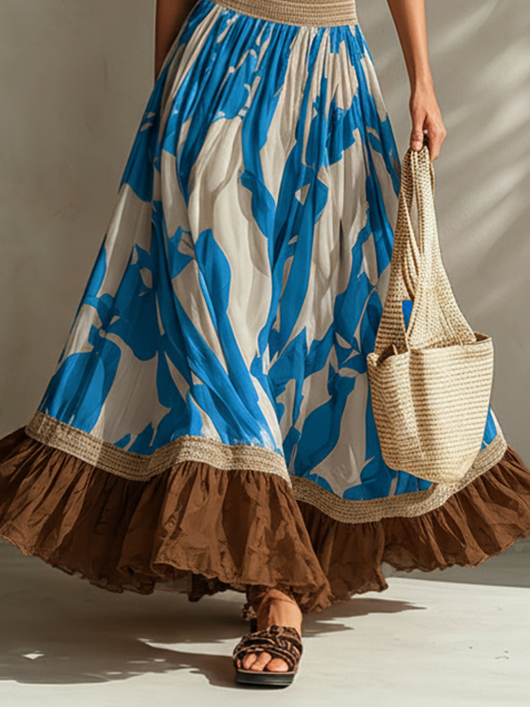 Blue Elastic Top And Printed Skirt Set