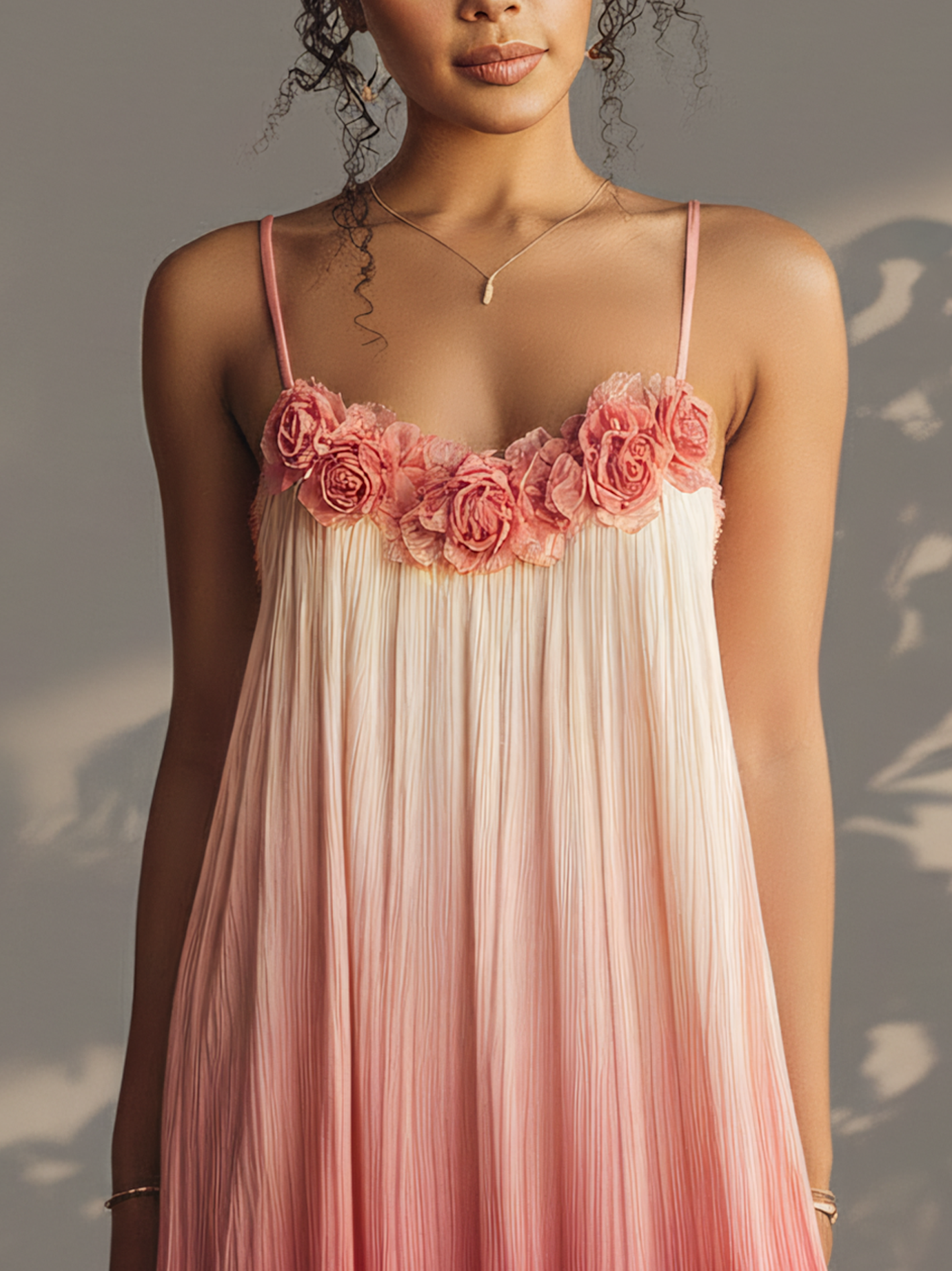 Gradient Pink 3D Floral Pleated Chiffon Mini Dress