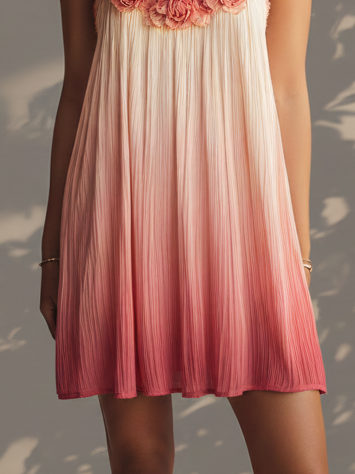 Gradient Pink 3D Floral Pleated Chiffon Mini Dress