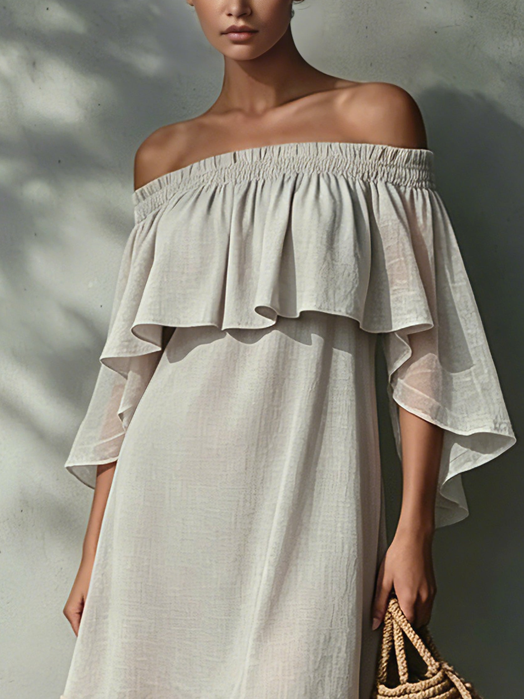 Light Gray Linen Mini Dress With Pink Tassels
