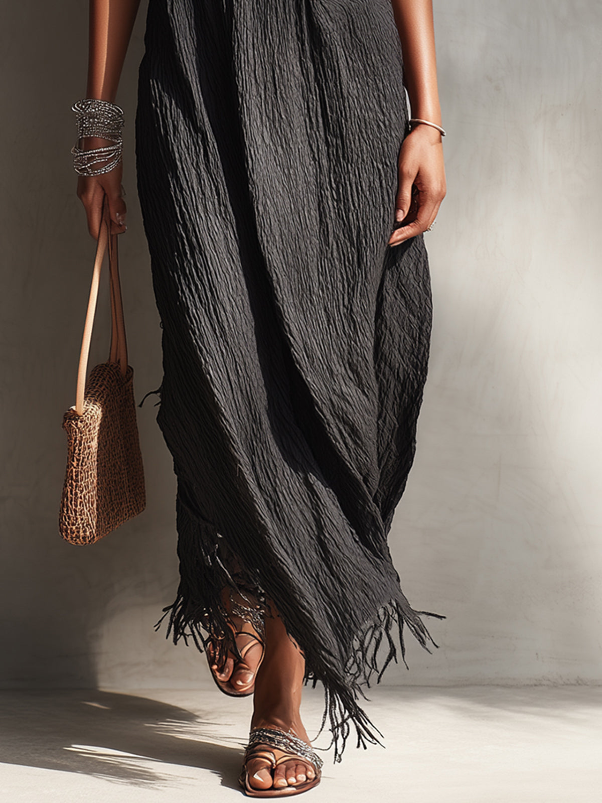 Black One-Shoulder Ruffled Maxi Dress With Fringe Hem