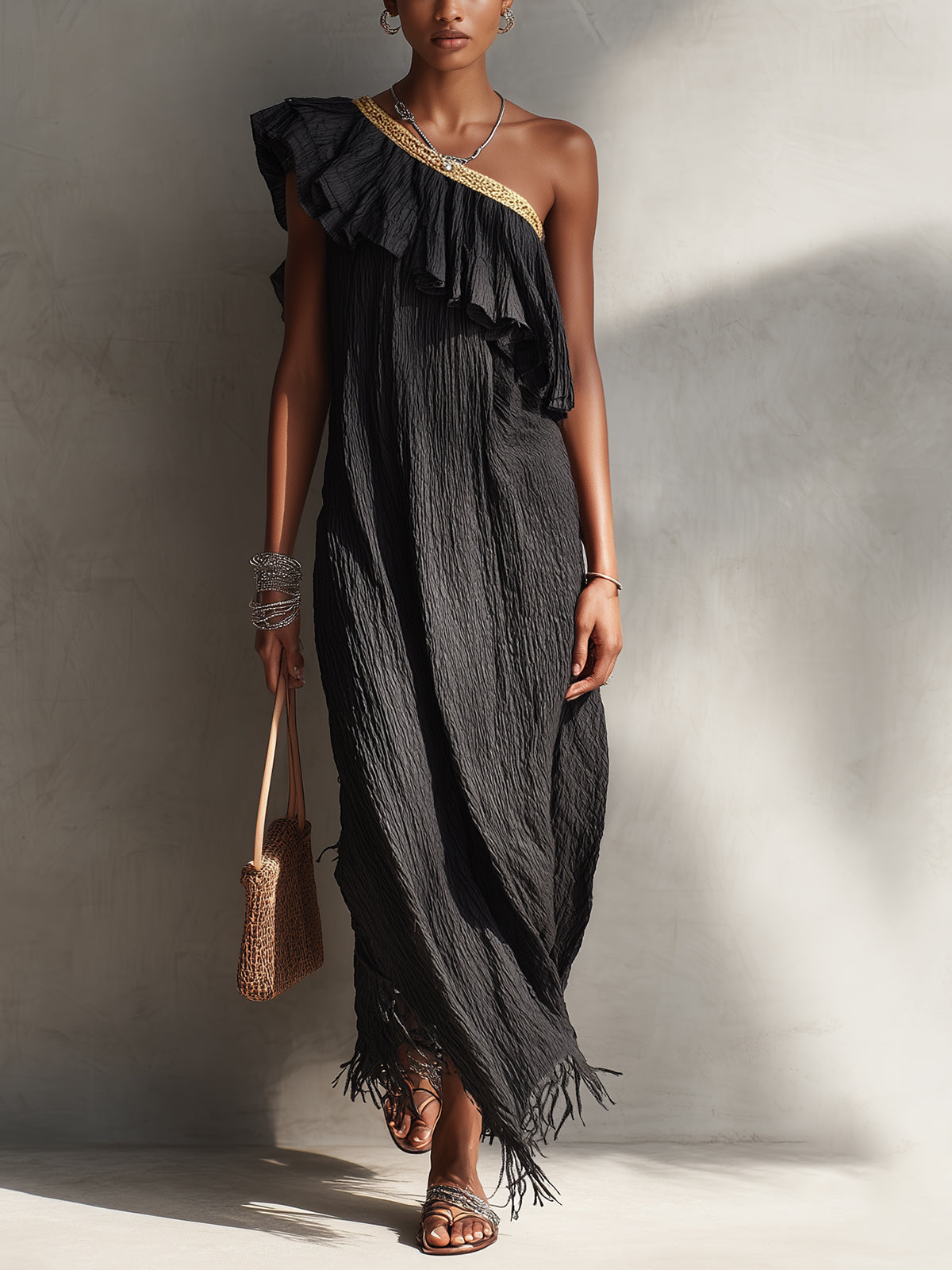 Black One-Shoulder Ruffled Maxi Dress With Fringe Hem