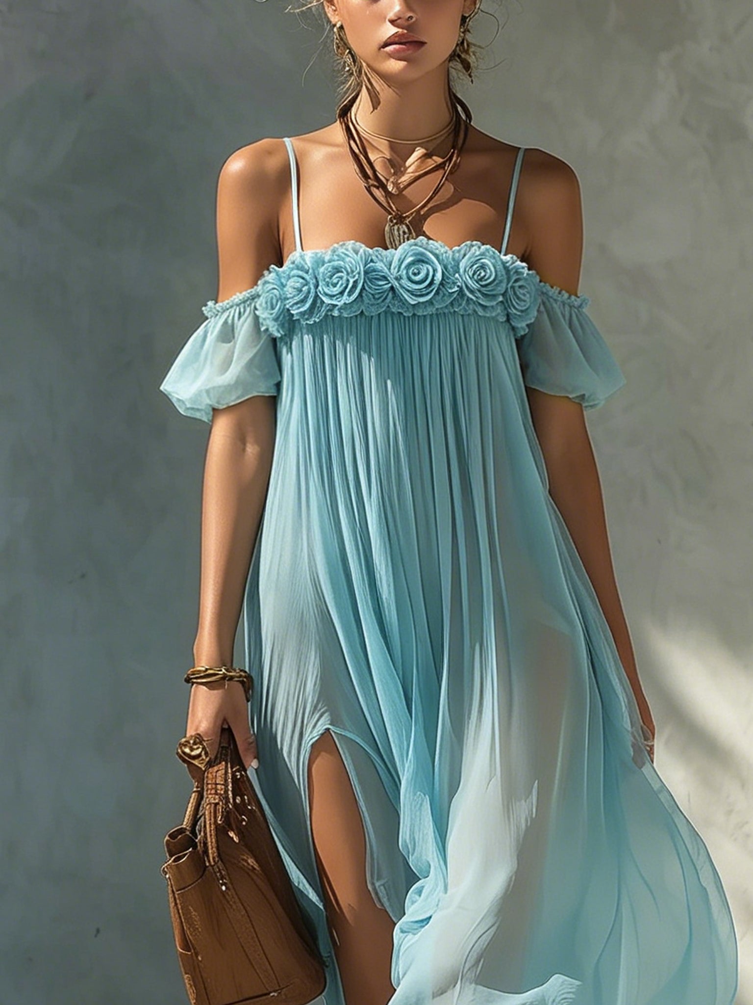 Blue Floral Embellished Chiffon Maxi Dress