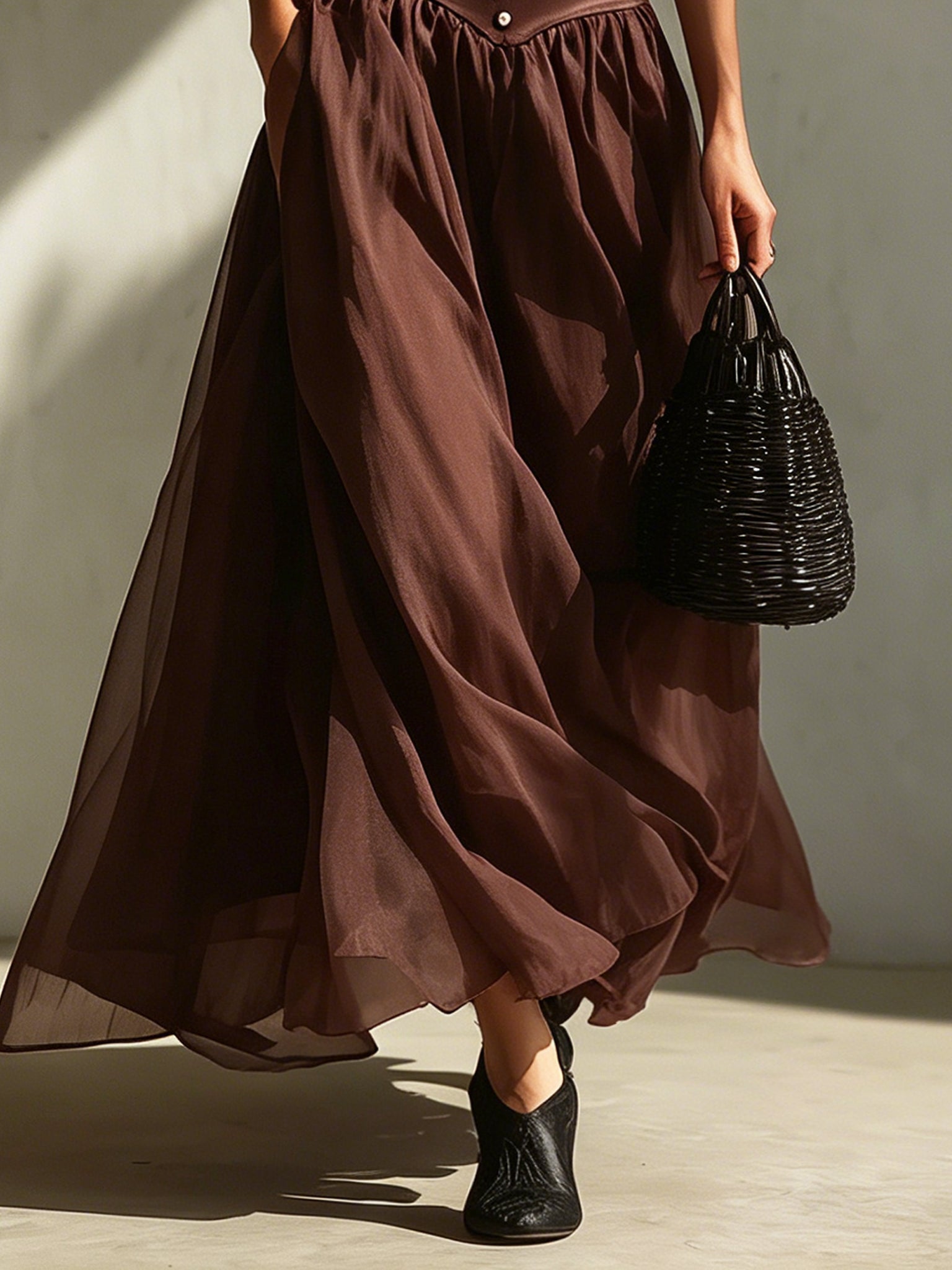 Cocoa Satin Chiffon Puff Sleeve Maxi Dress