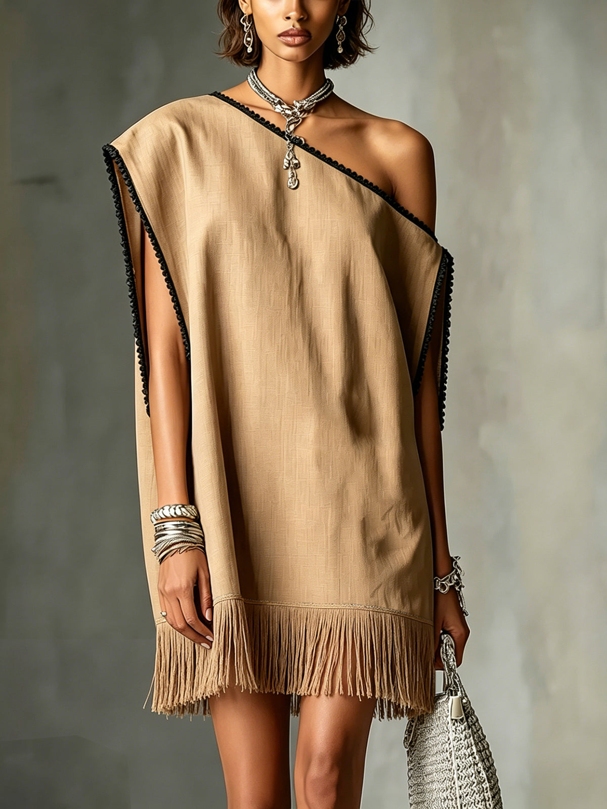 Camel One-Shoulder Fringe Hem Mini Dress With Contrast Trim