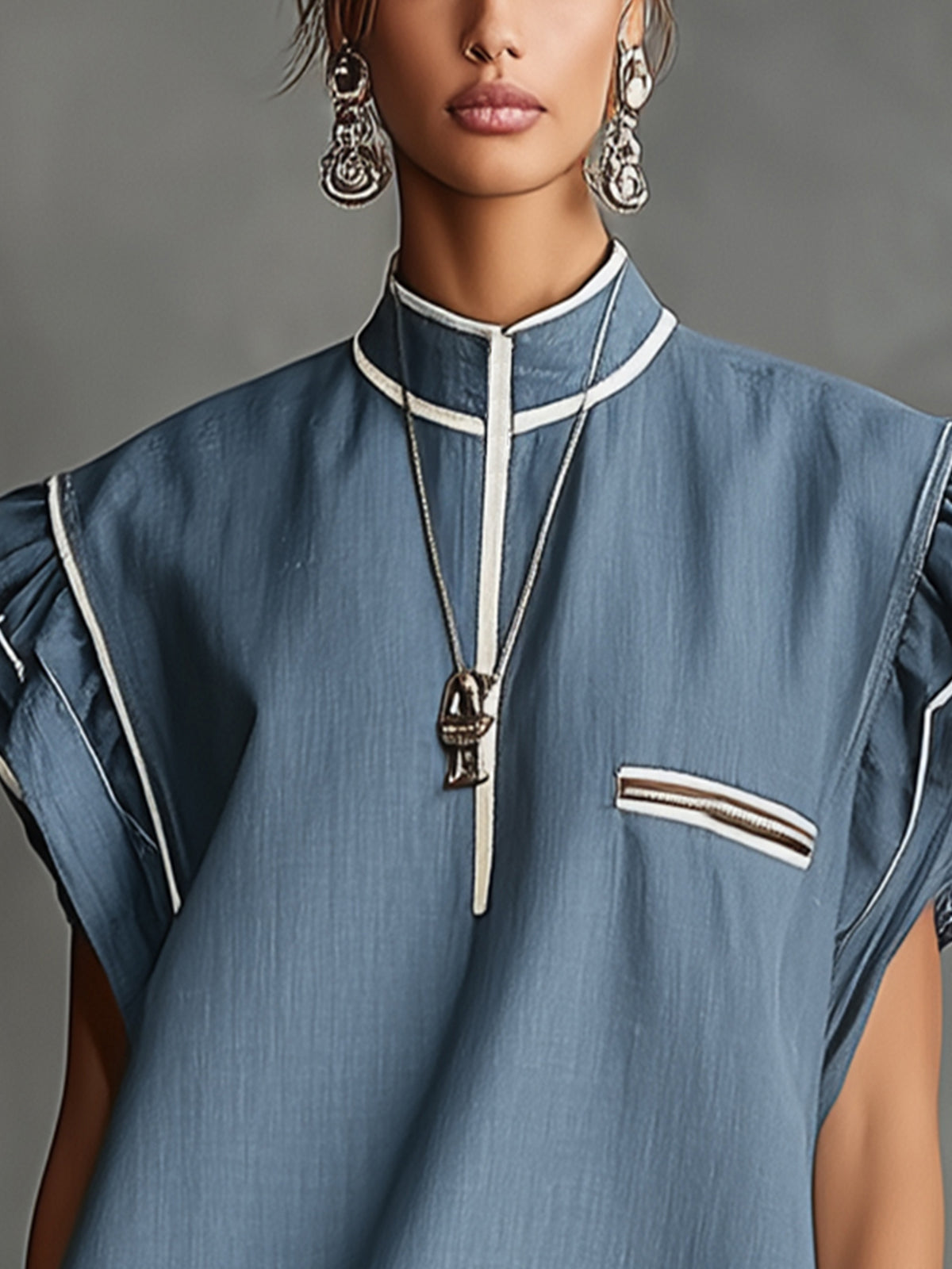 Blue Ruffled Sleeve Mini Dress With Lace Hem