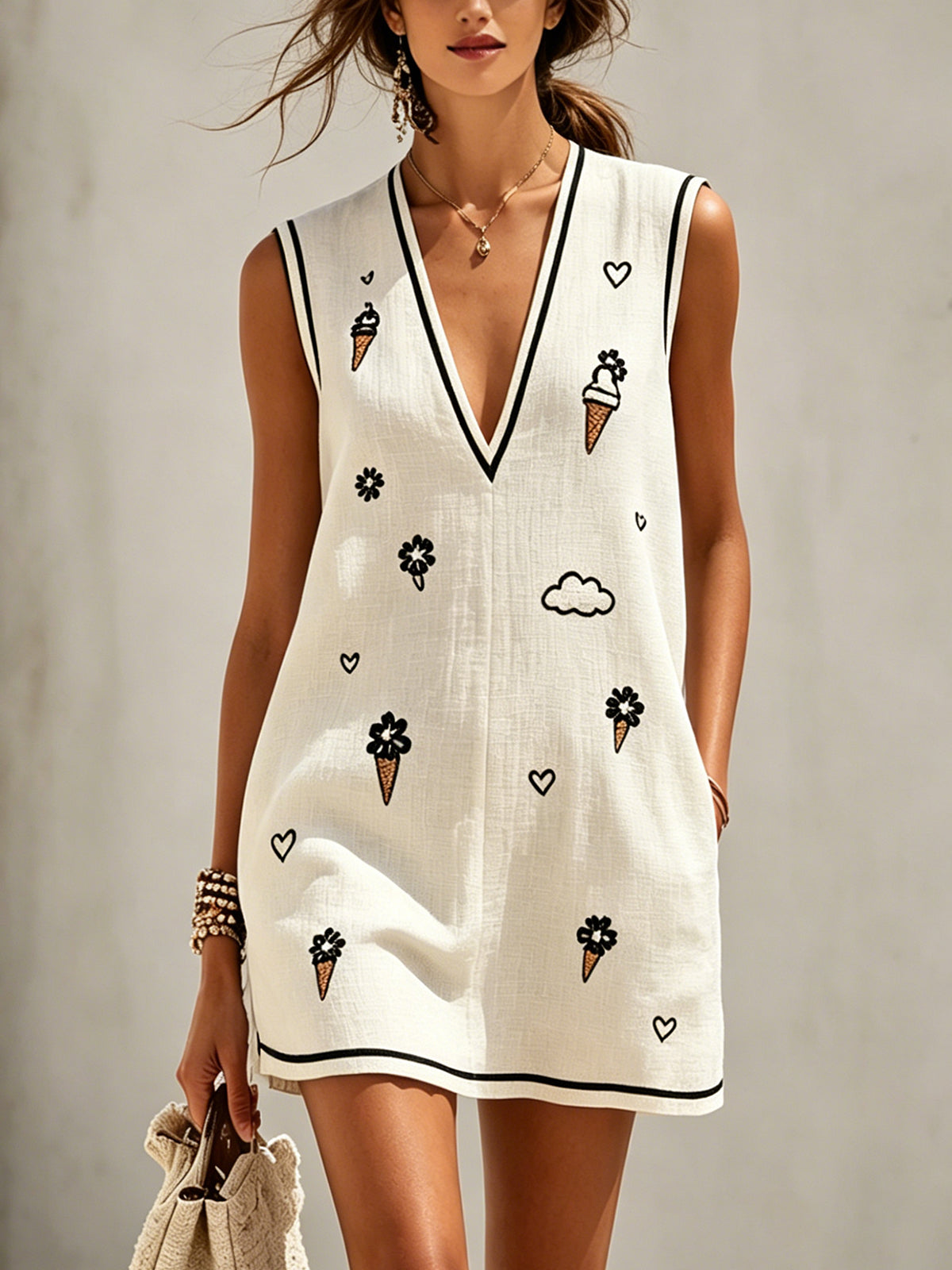 White Deep V-Neck Sleeveless Mini Dress with Embroidered