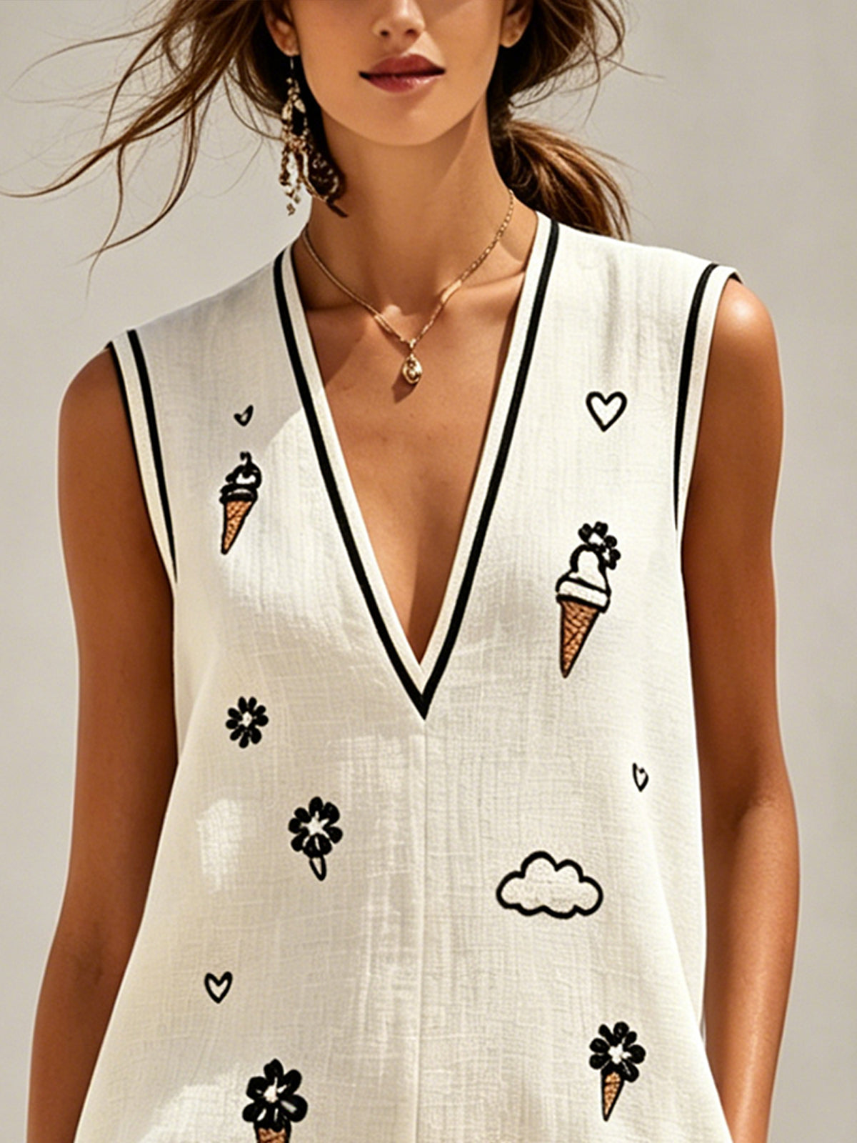 White Deep V-Neck Sleeveless Mini Dress with Embroidered