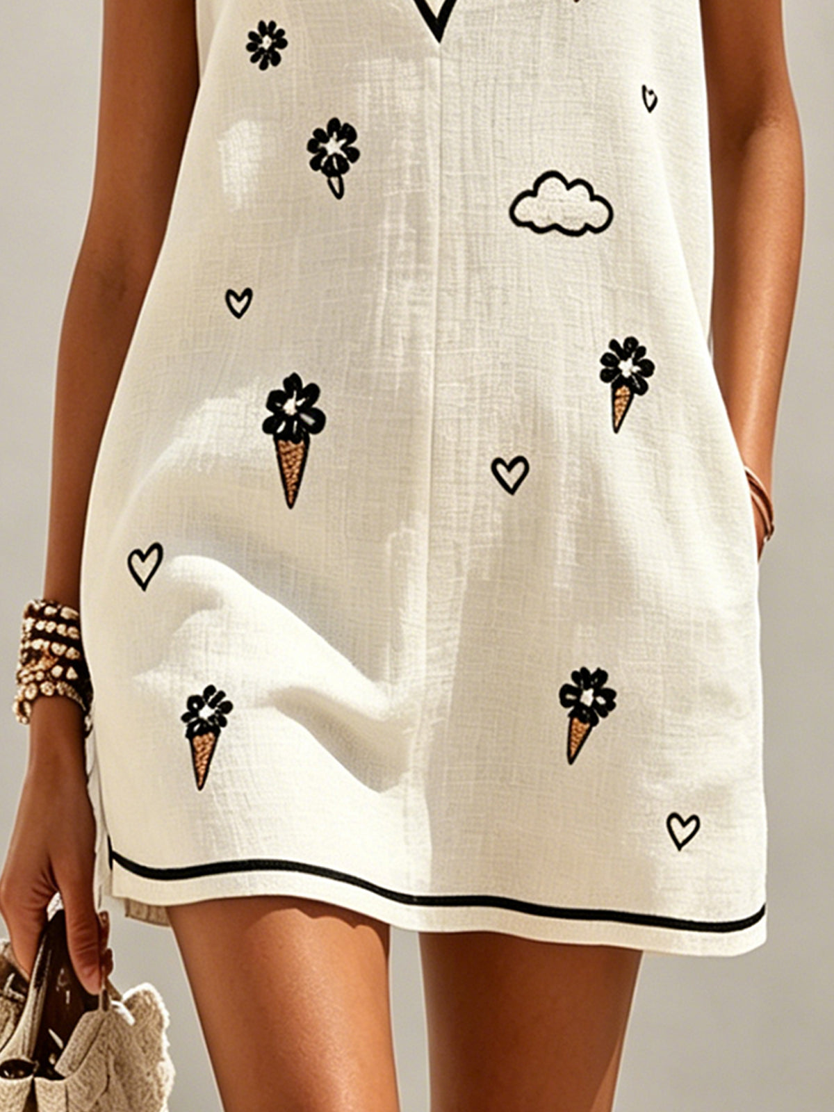 White Deep V-Neck Sleeveless Mini Dress with Embroidered