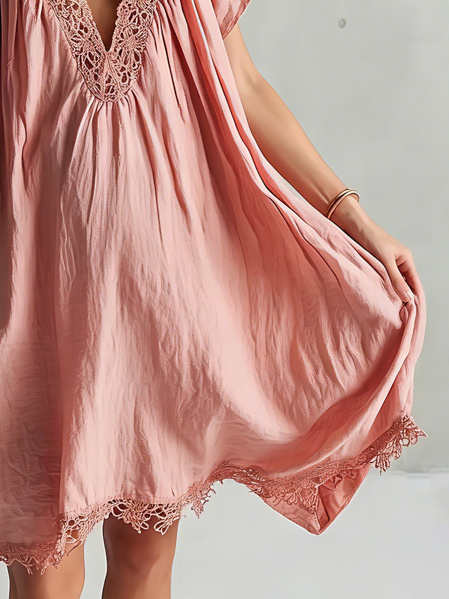 Blush Linen Loose Mini Lace Trim Dress