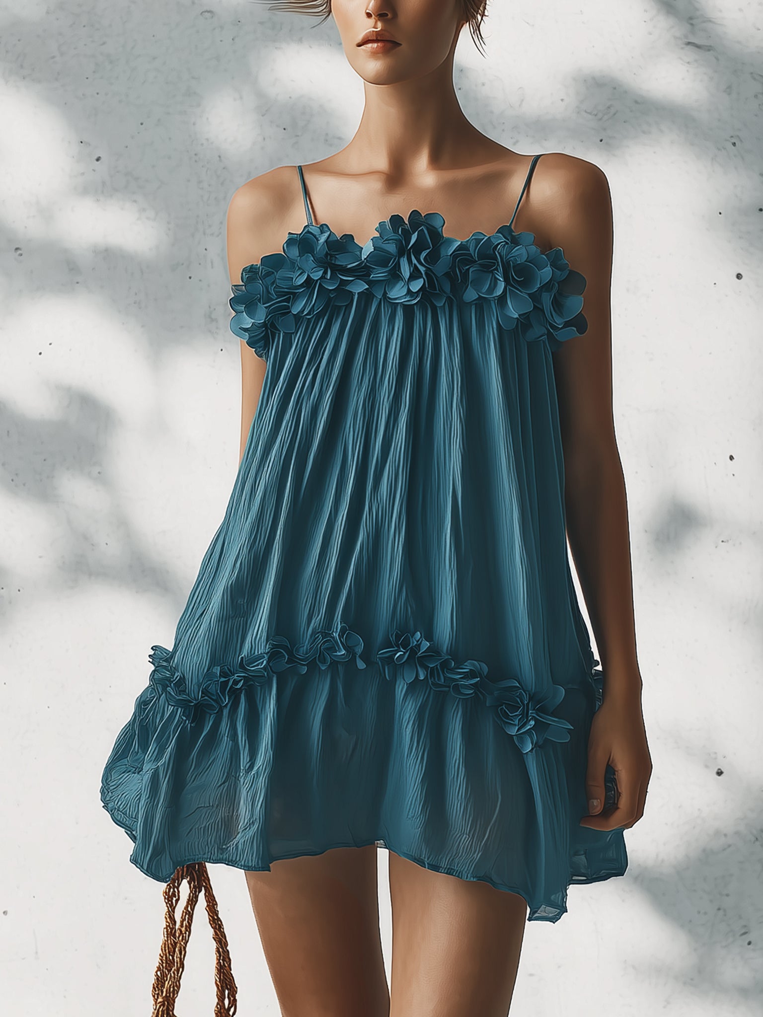 Blue Pleated Chiffon 3D Floral Mini Dress