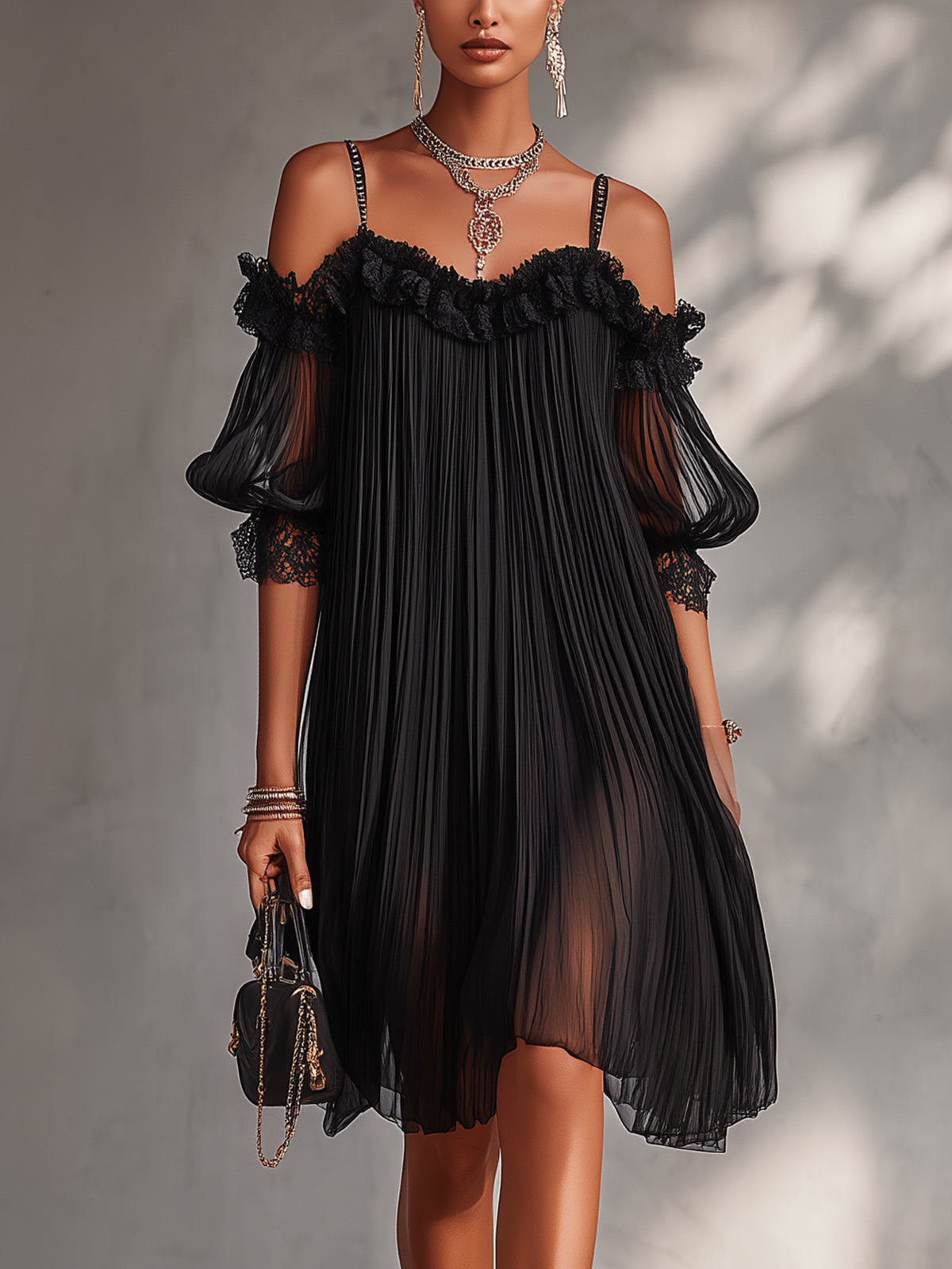 Off-Shoulder Pleated Black Chiffon Mini Dress With Lace Trim