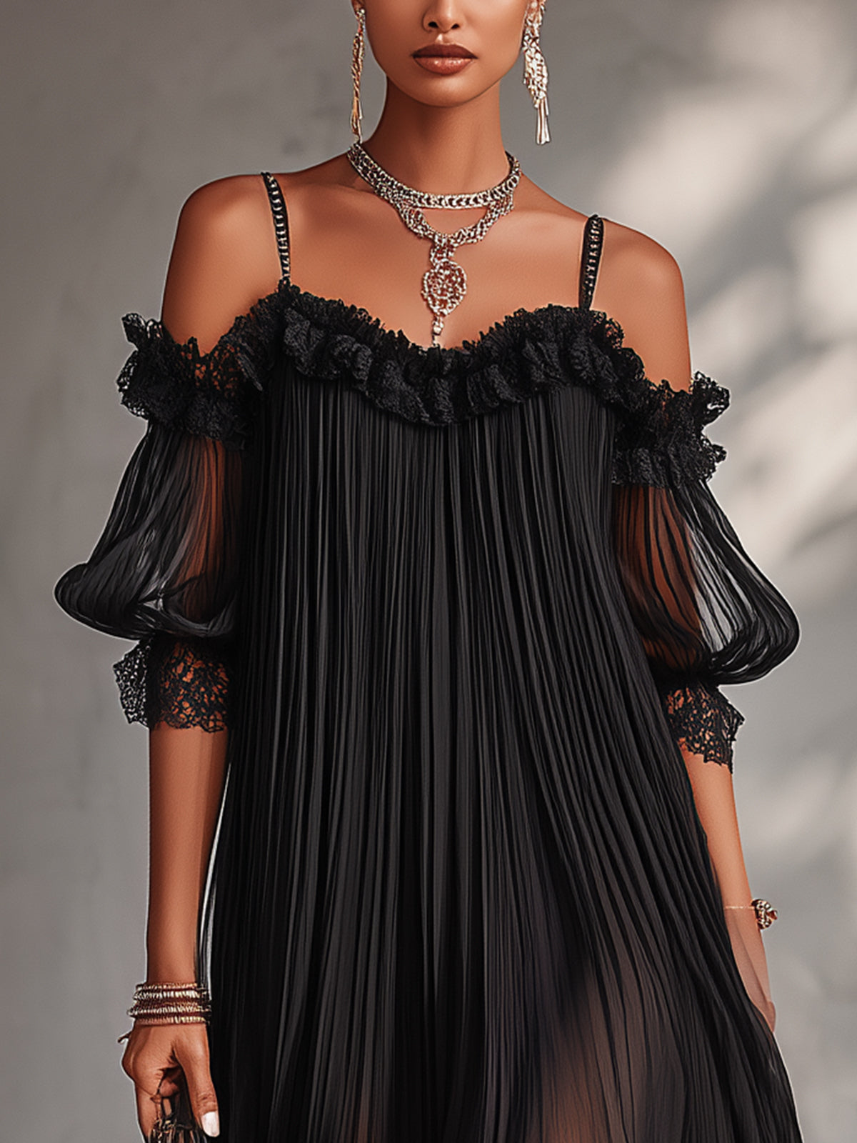 Off-Shoulder Pleated Black Chiffon Mini Dress With Lace Trim