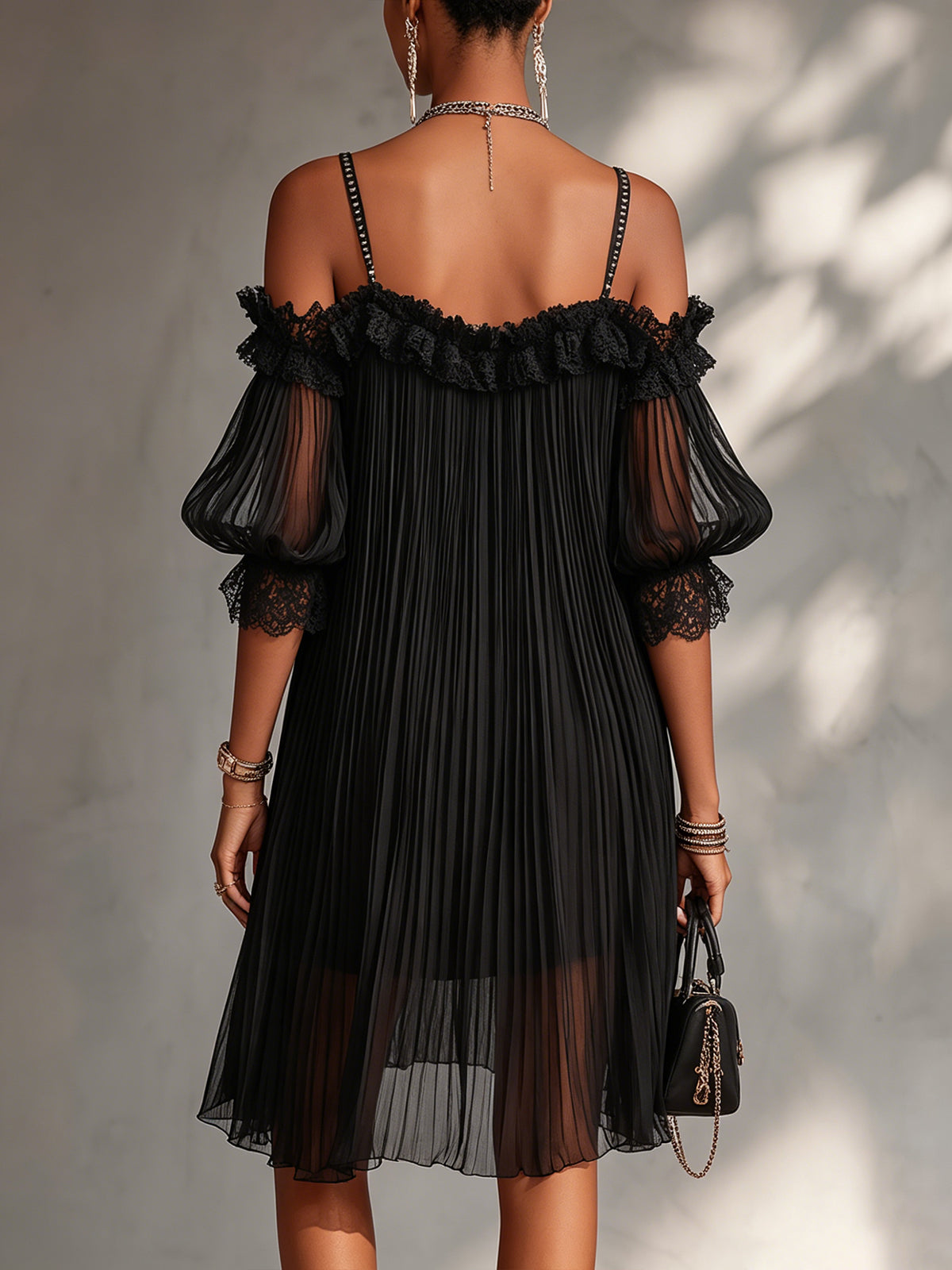 Off-Shoulder Pleated Black Chiffon Mini Dress With Lace Trim