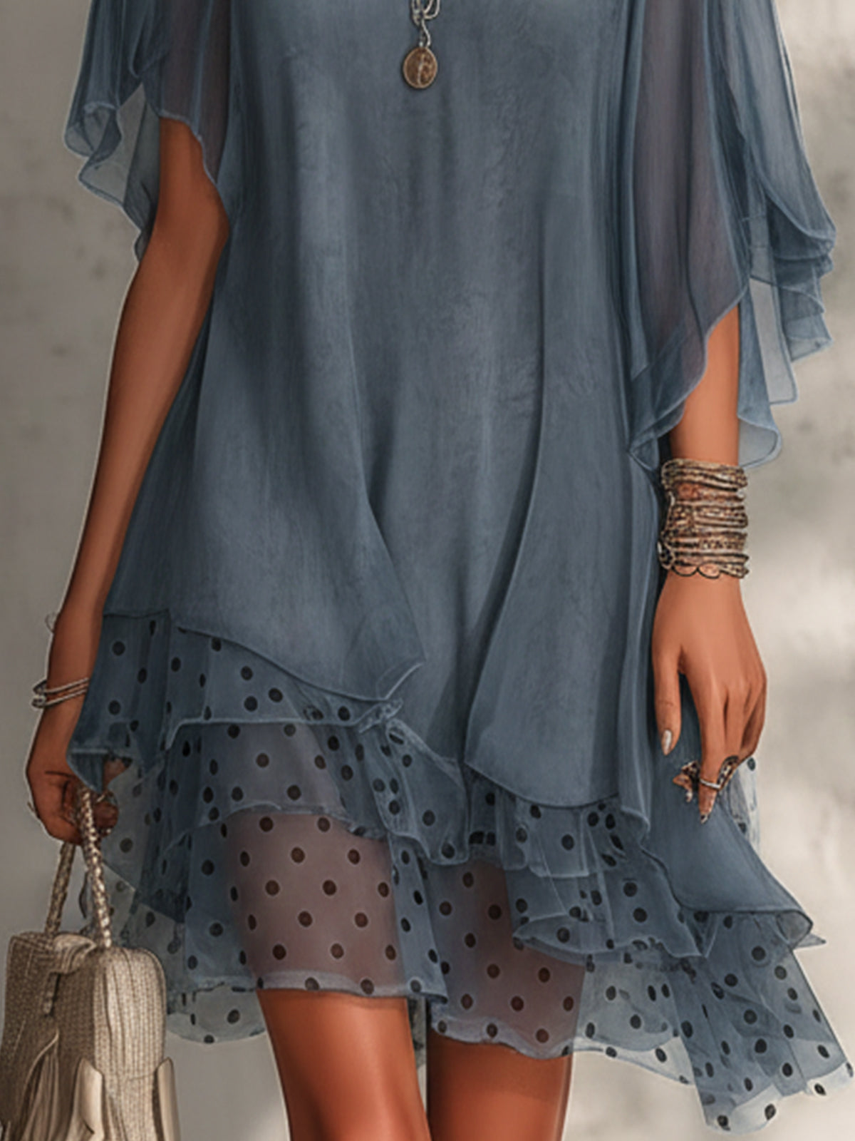 Blue Chiffon Mini Dress With Polka Dot Ruffle Hem