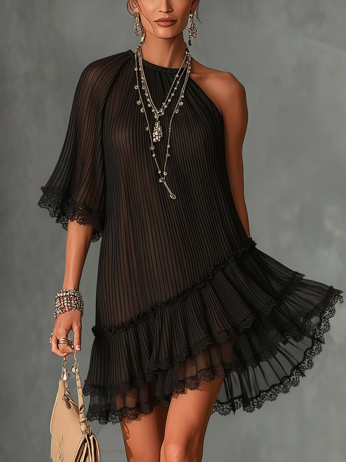 One-Shoulder Pleated Black Chiffon Mini Dress With Lace Trim