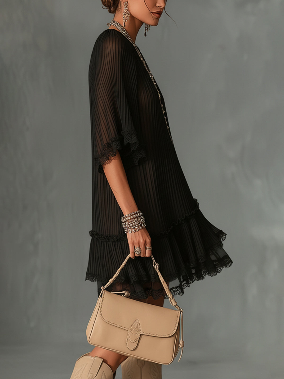 One-Shoulder Pleated Black Chiffon Mini Dress With Lace Trim
