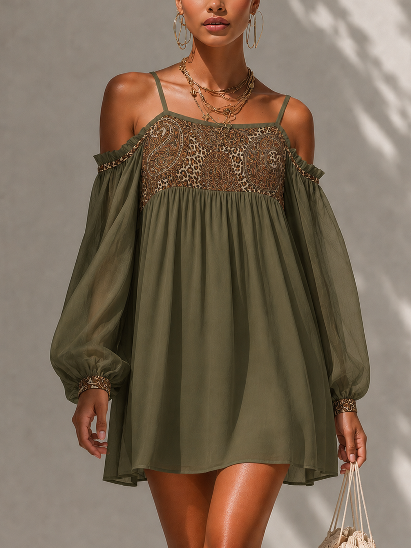 Olive Green Chiffon Vintage Leopard Cold Shoulder Mini Dress