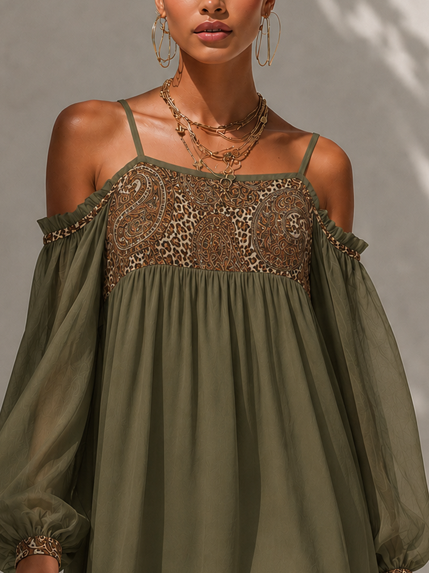 Olive Green Chiffon Vintage Leopard Cold Shoulder Mini Dress