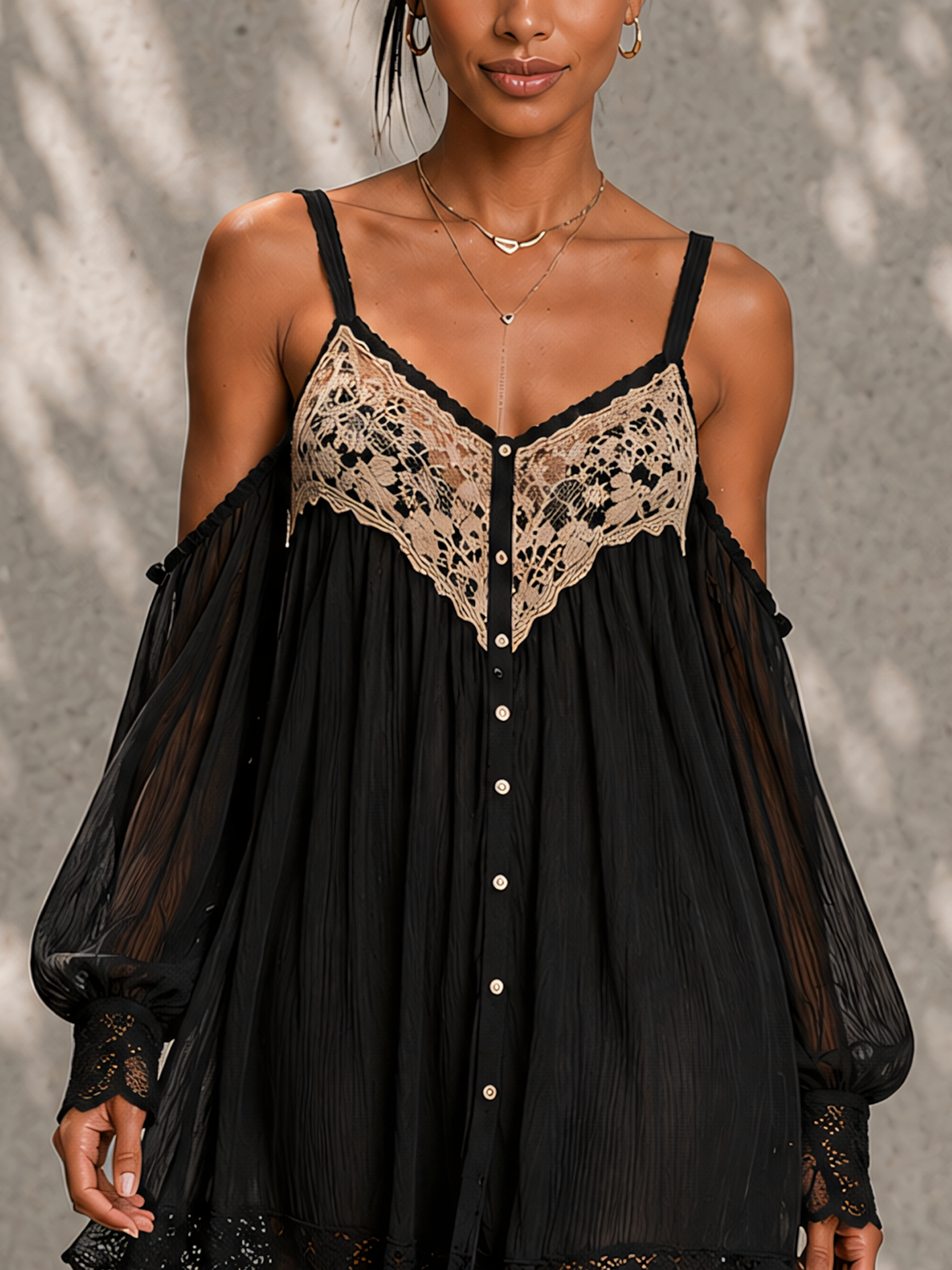 Black Lace Patchwork Textured Chiffon Mini Dress